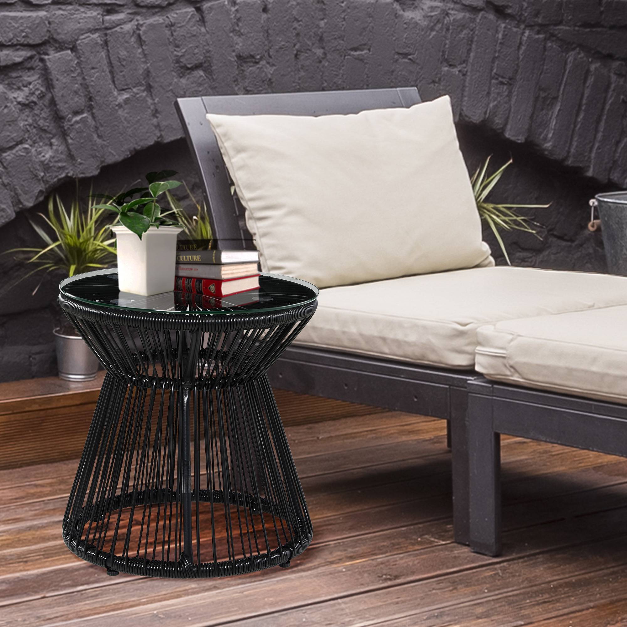 Sans Marque - Table de jardin ronde en résine tressée imitation rotin table de bistrot métal plateau verre trempé Ø 40 x 42 cm noir - Image 4