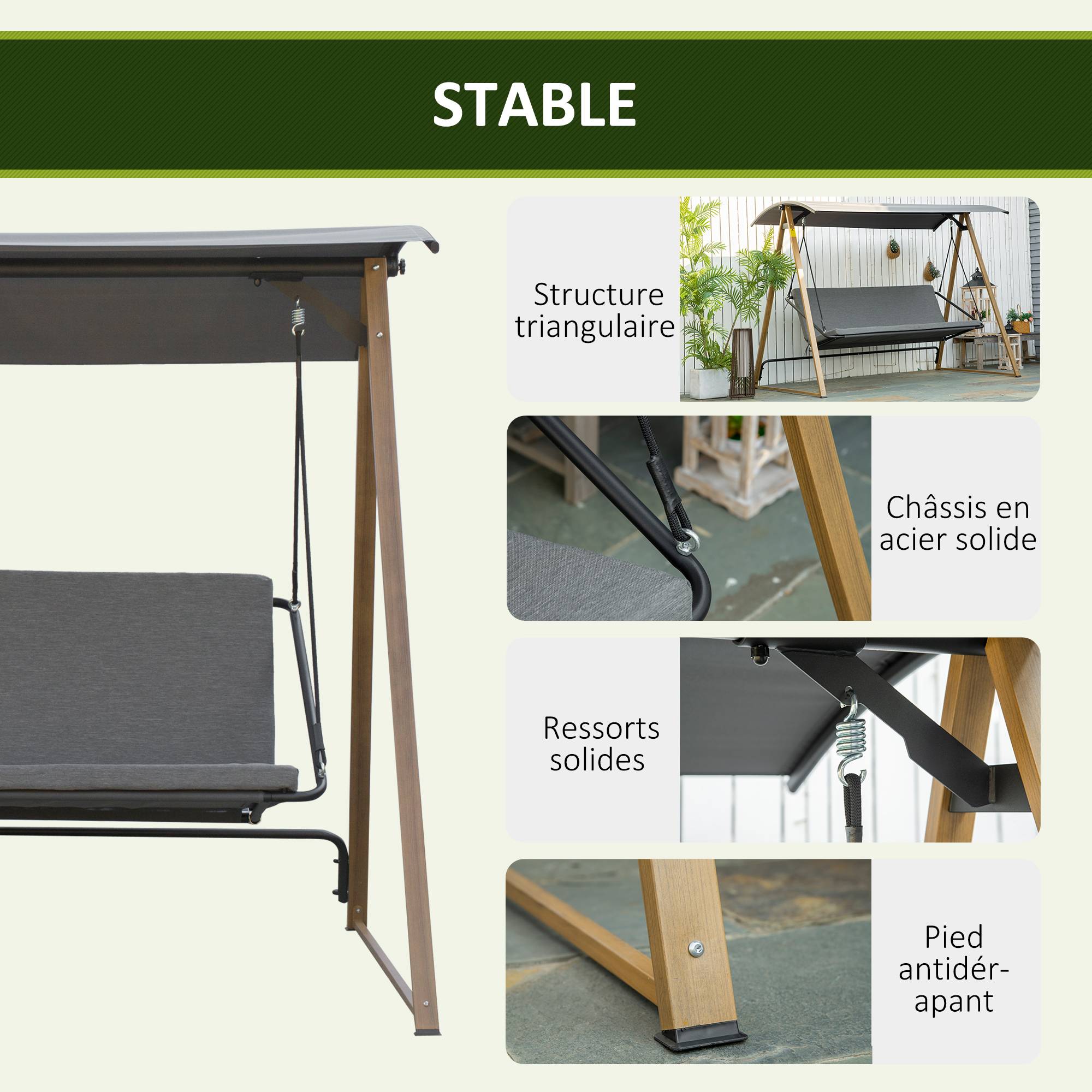 Outsunny - Balancelle de jardin 3 places design contemporain auvent réglable textilène polyester gris acier aspect bois - Outsunny - Imagen 7