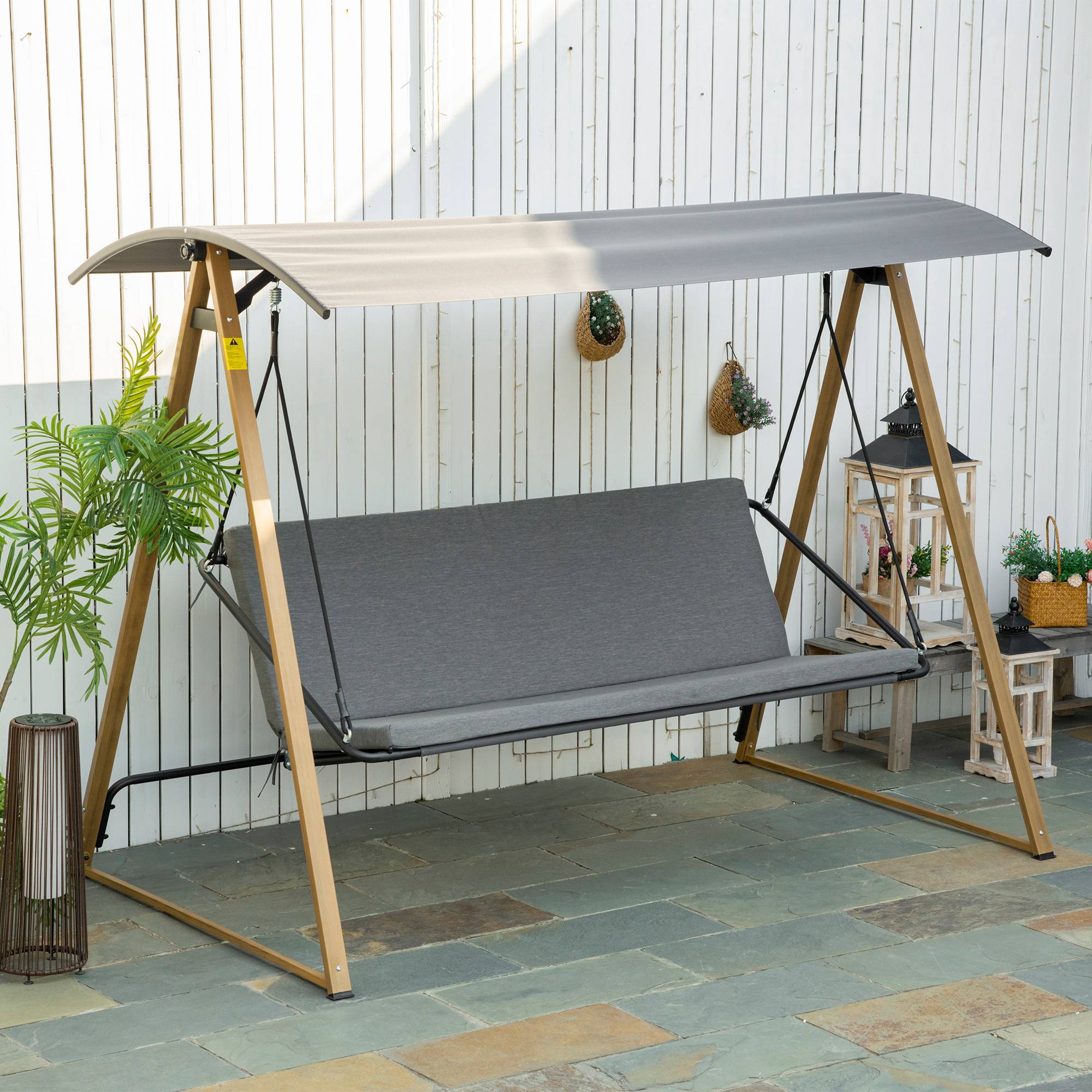 Outsunny - Balancelle de jardin 3 places design contemporain auvent réglable textilène polyester gris acier aspect bois - Outsunny - Imagen 2