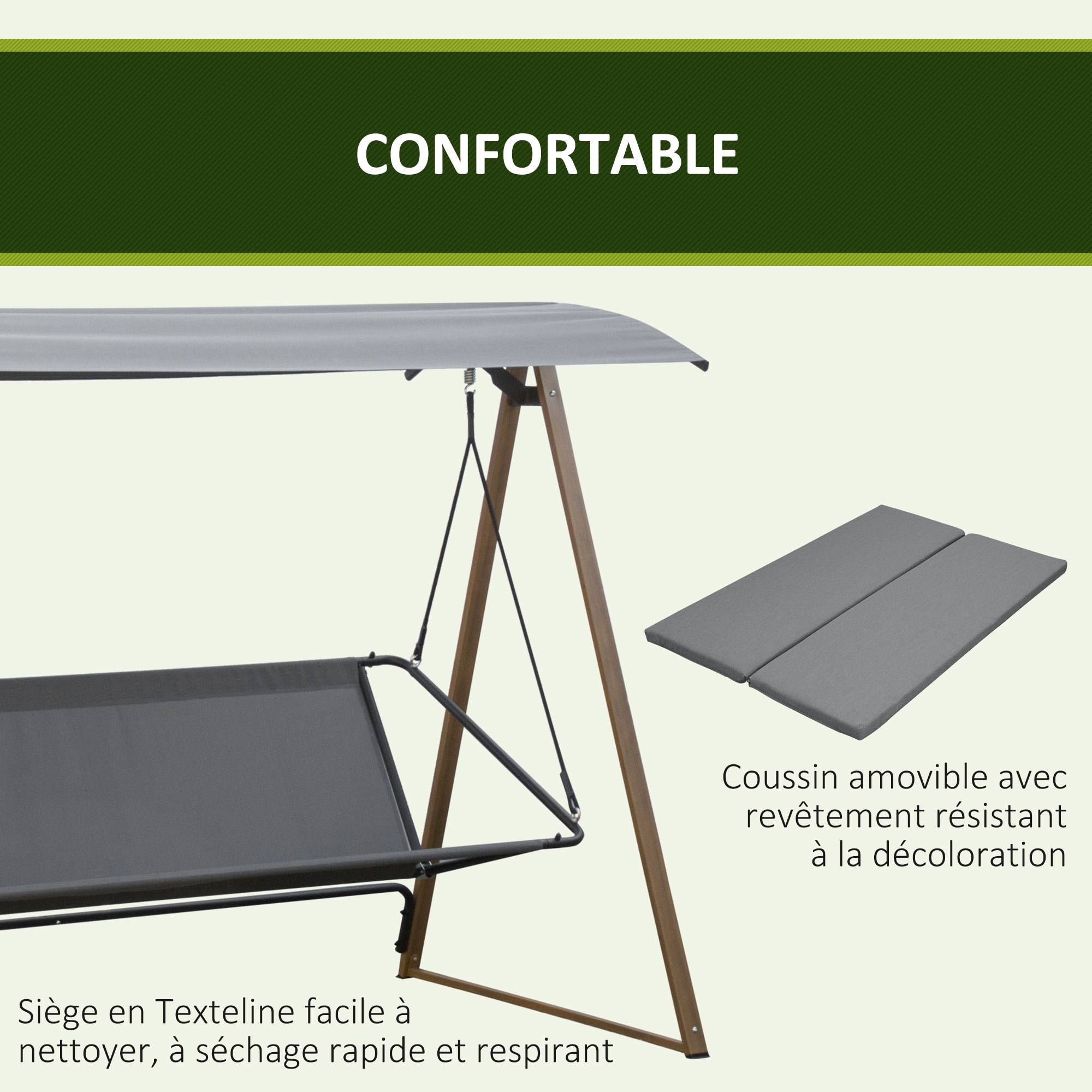 Outsunny - Balancelle de jardin 3 places design contemporain auvent réglable textilène polyester gris acier aspect bois - Outsunny - Imagen 6