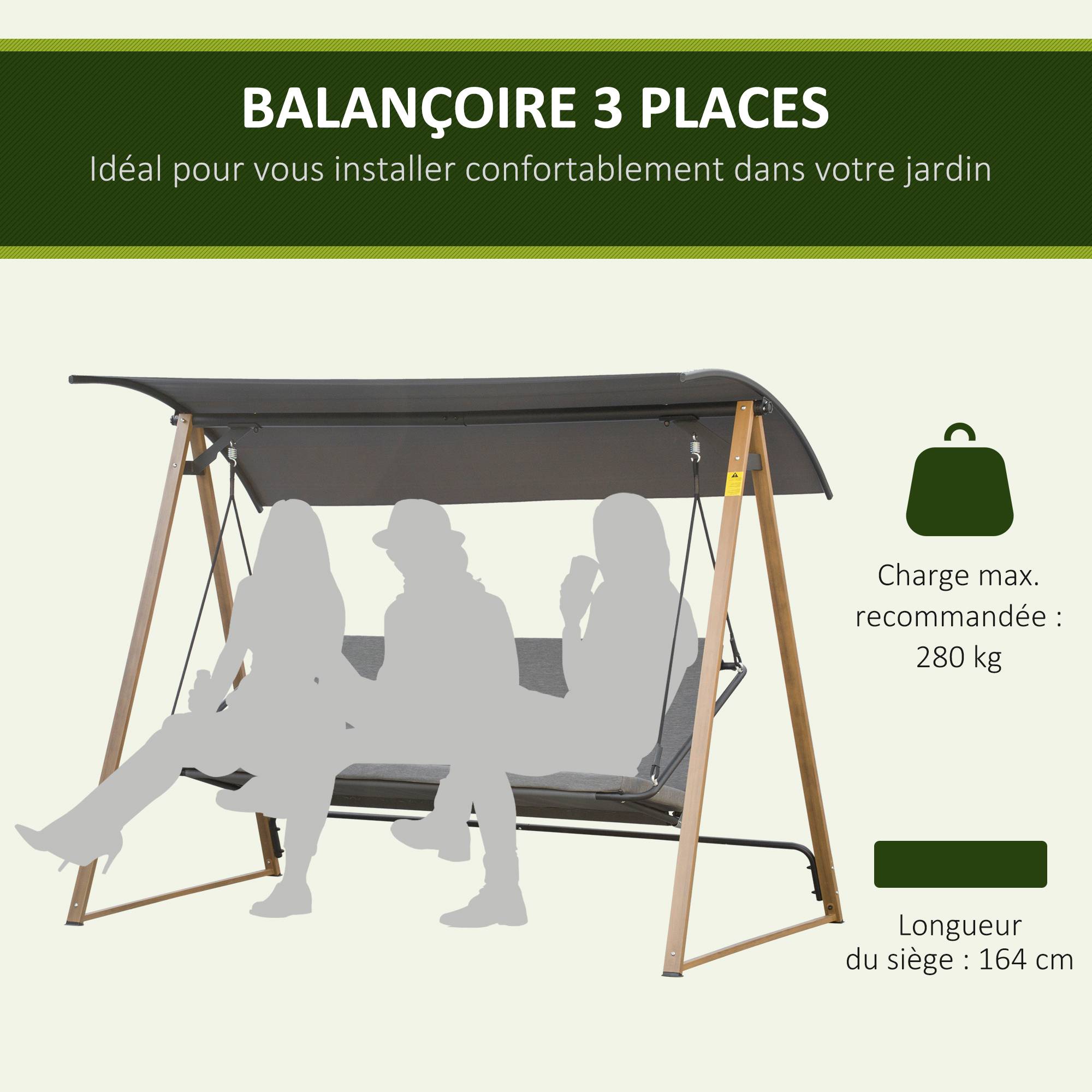 Outsunny - Balancelle de jardin 3 places design contemporain auvent réglable textilène polyester gris acier aspect bois - Outsunny - Imagen 4