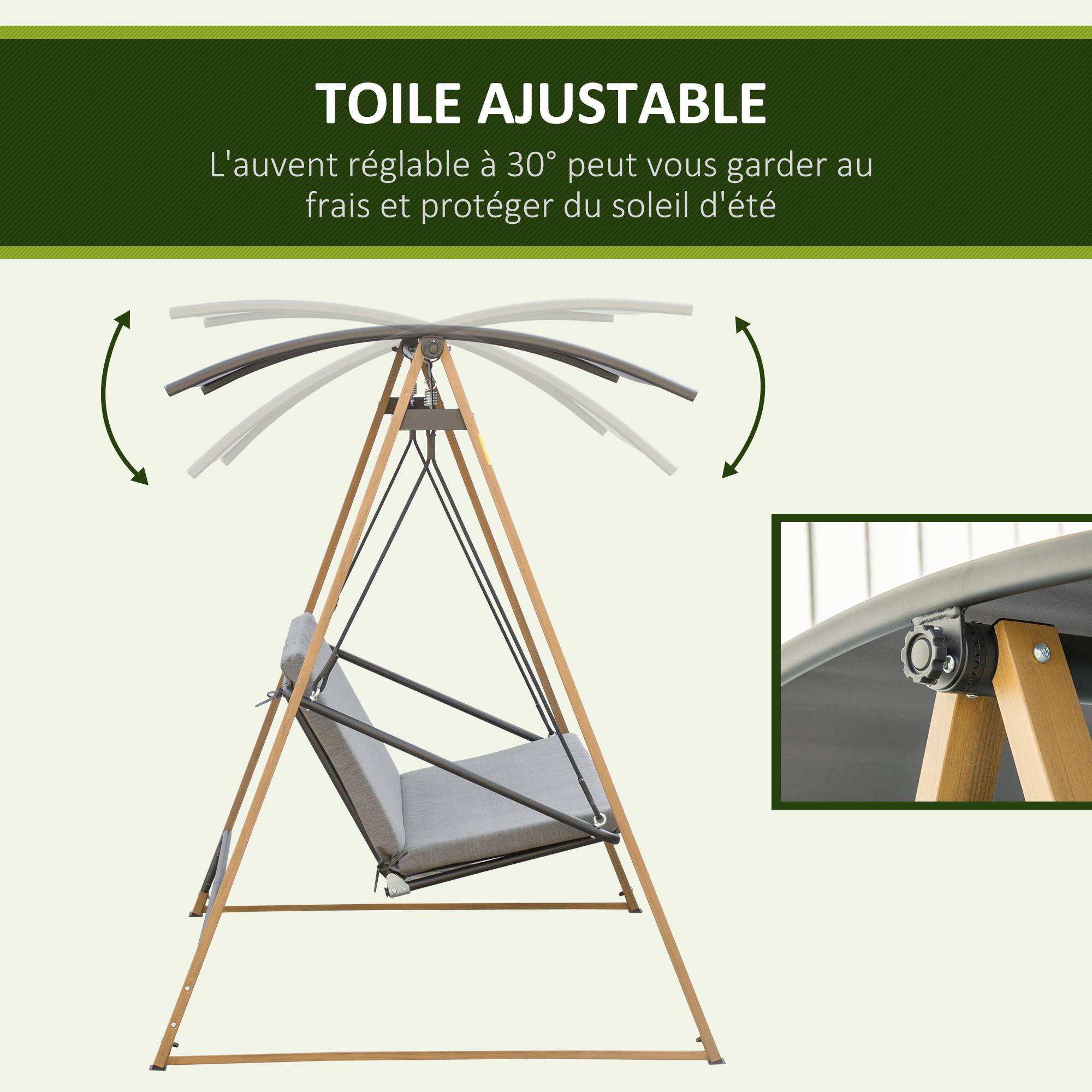 Outsunny - Balancelle de jardin 3 places design contemporain auvent réglable textilène polyester gris acier aspect bois - Outsunny - Imagen 5