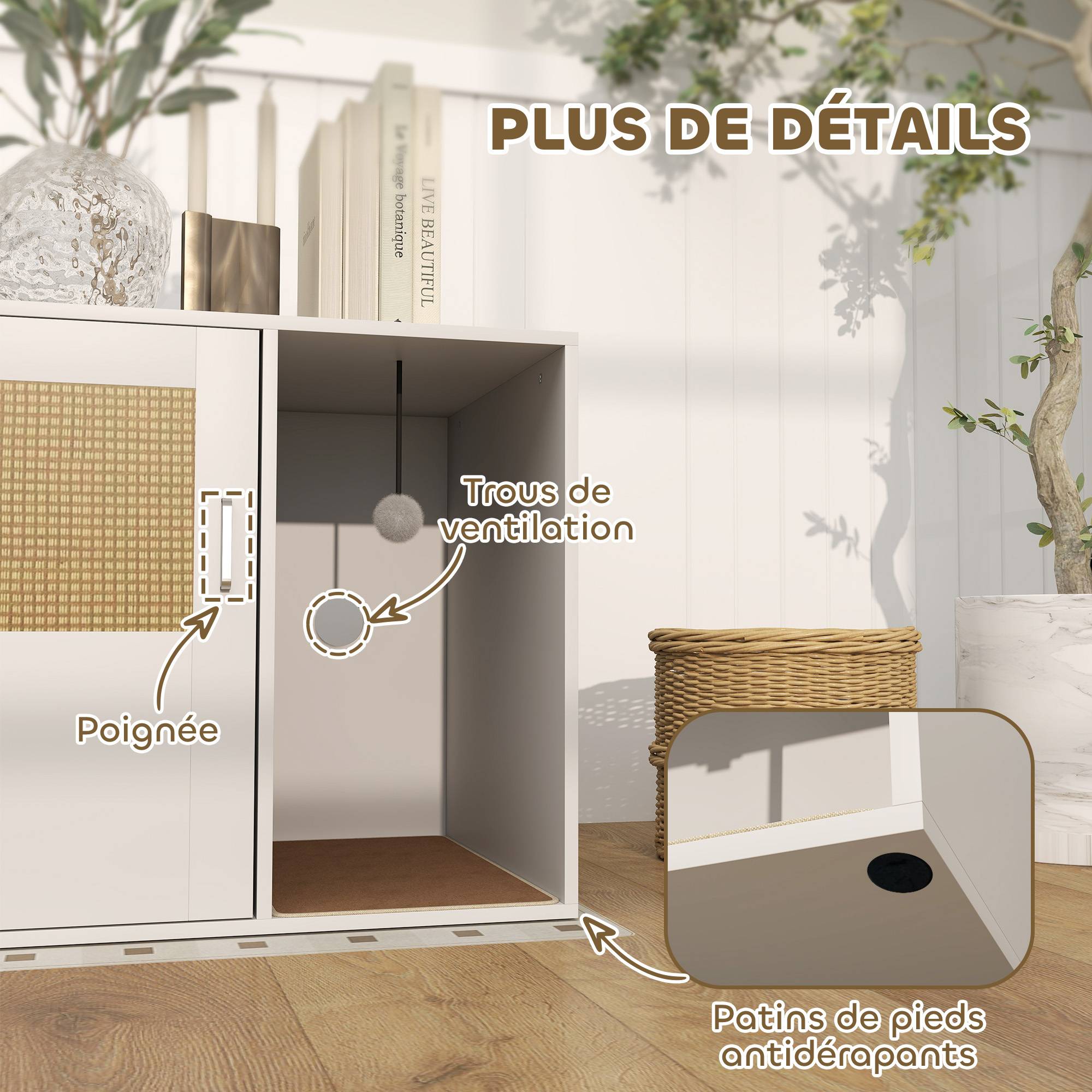 Meuble litière pour chat bois et rotin blanc 80 x 50 x 50 cm - PANGIVO - Image 10