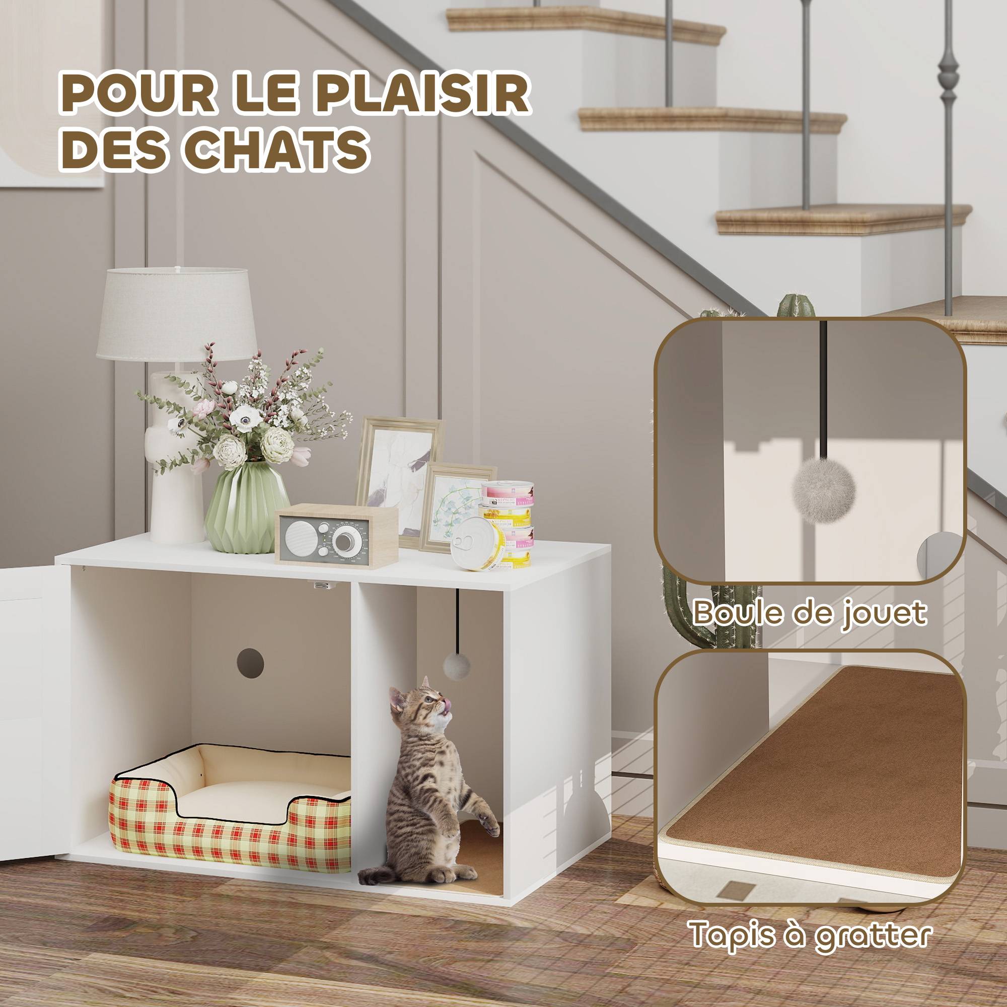 Meuble litière pour chat bois et rotin blanc 80 x 50 x 50 cm - PANGIVO - Image 9