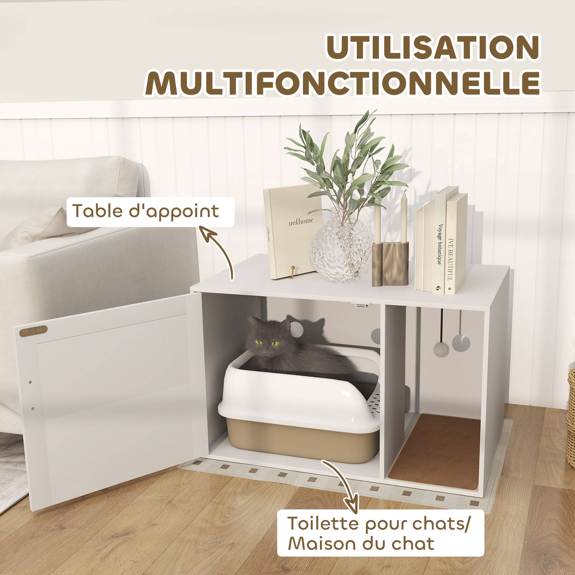 Meuble litière pour chat bois et rotin blanc 80 x 50 x 50 cm - PANGIVO - Image 6