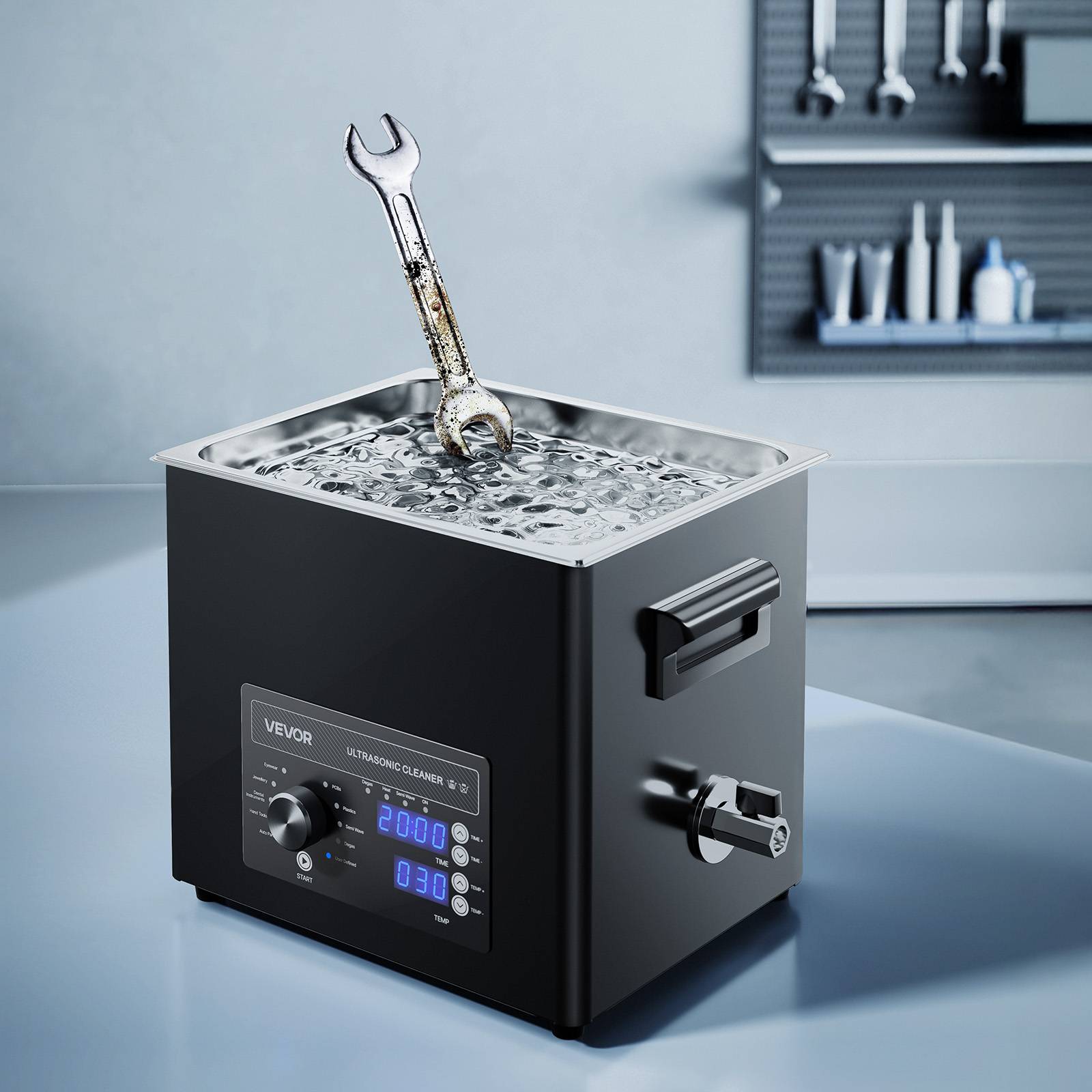 Vevor - VEVOR Nettoyeur à ultrasons 10 L, cuve inox 304, 40 kHz, 4 transducteurs, panier et accessoires, minuterie 0-90 min, 0-80 °C, noir. - Image 8
