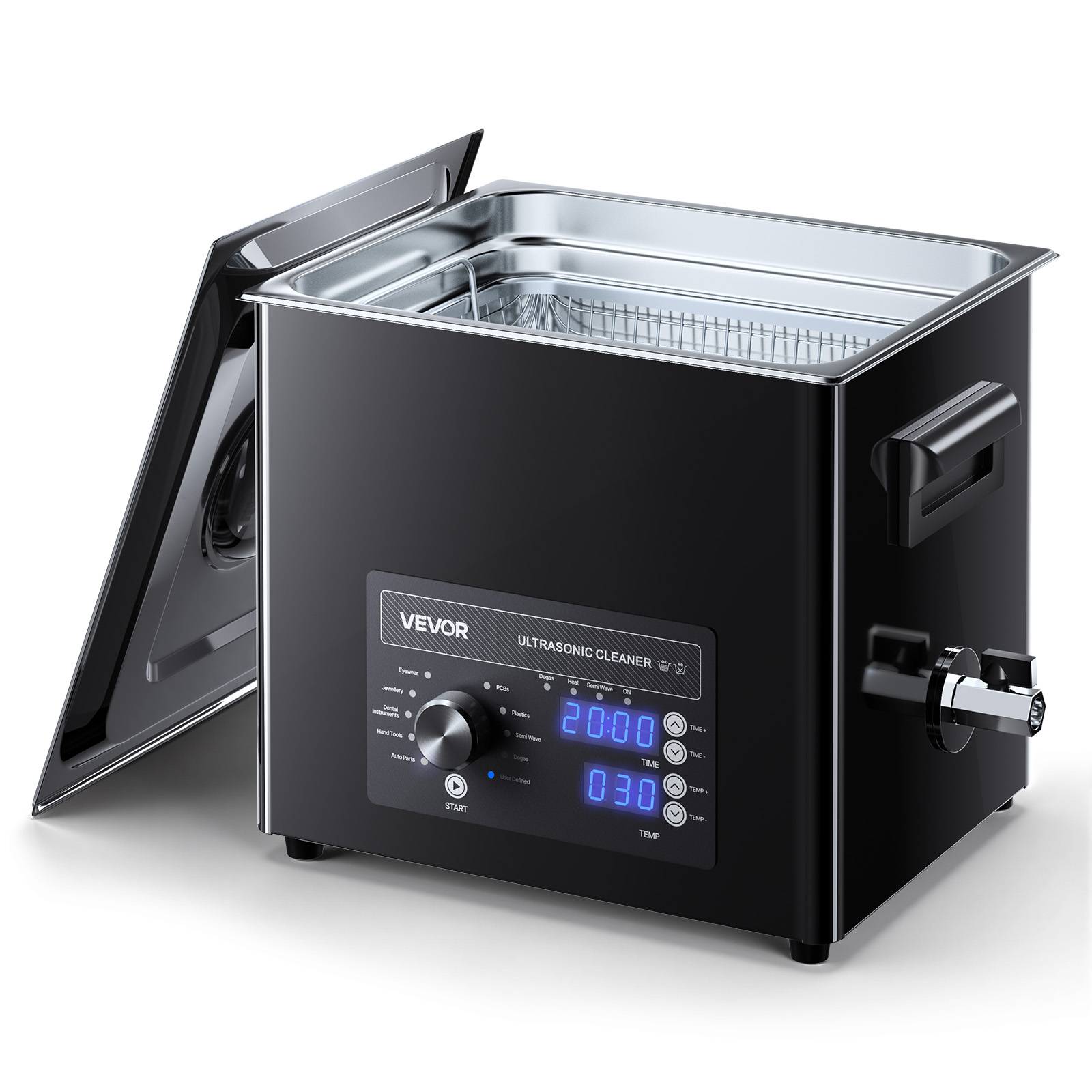 Vevor - VEVOR Nettoyeur à ultrasons 10 L, cuve inox 304, 40 kHz, 4 transducteurs, panier et accessoires, minuterie 0-90 min, 0-80 °C, noir. - Image 1