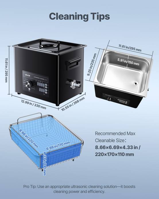 Vevor - VEVOR Nettoyeur à ultrasons 10 L, cuve inox 304, 40 kHz, 4 transducteurs, panier et accessoires, minuterie 0-90 min, 0-80 °C, noir. - Image 6
