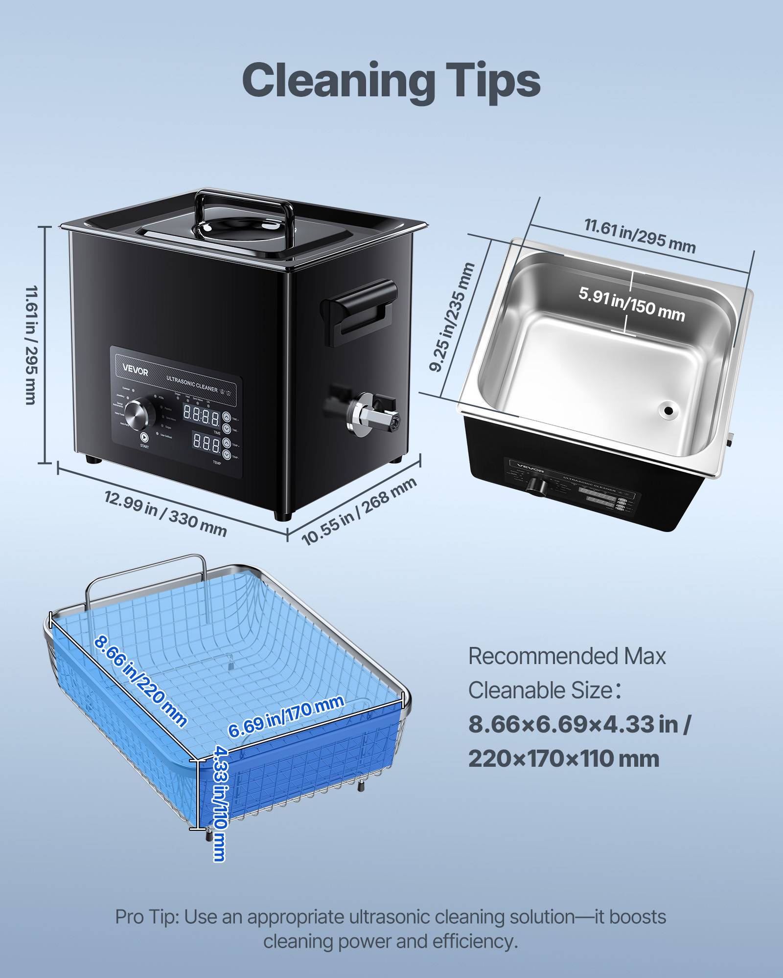 Vevor - VEVOR Nettoyeur à ultrasons 10 L, cuve inox 304, 40 kHz, 4 transducteurs, panier et accessoires, minuterie 0-90 min, 0-80 °C, noir. - Image 6