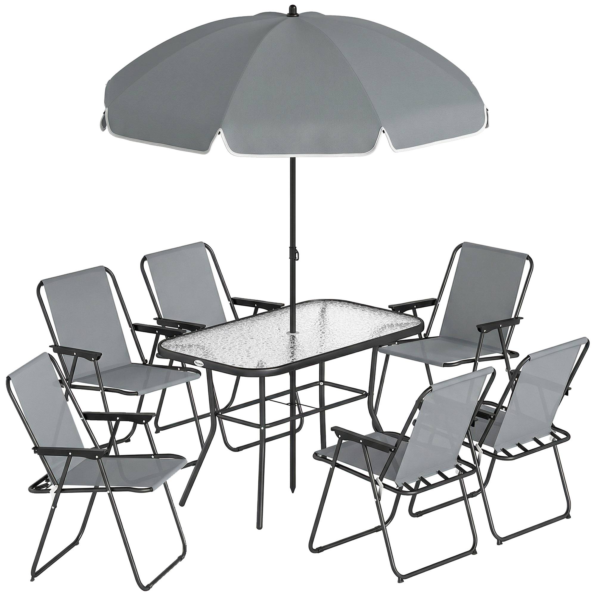 Outsunny - Salon de jardin extérieur 8 pièces - avec parasol et 6 chaises pliantes - plateau verre trempé, structure acier - gris - Outsunny