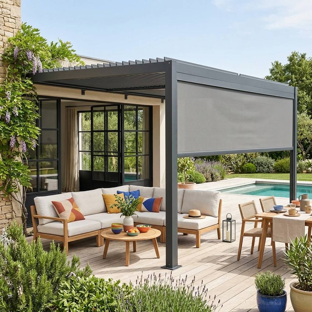 sweeek - Pergola bioclimatique aluminium adossée 4x3m anthracite + 1 store 4m Palace | sweeek