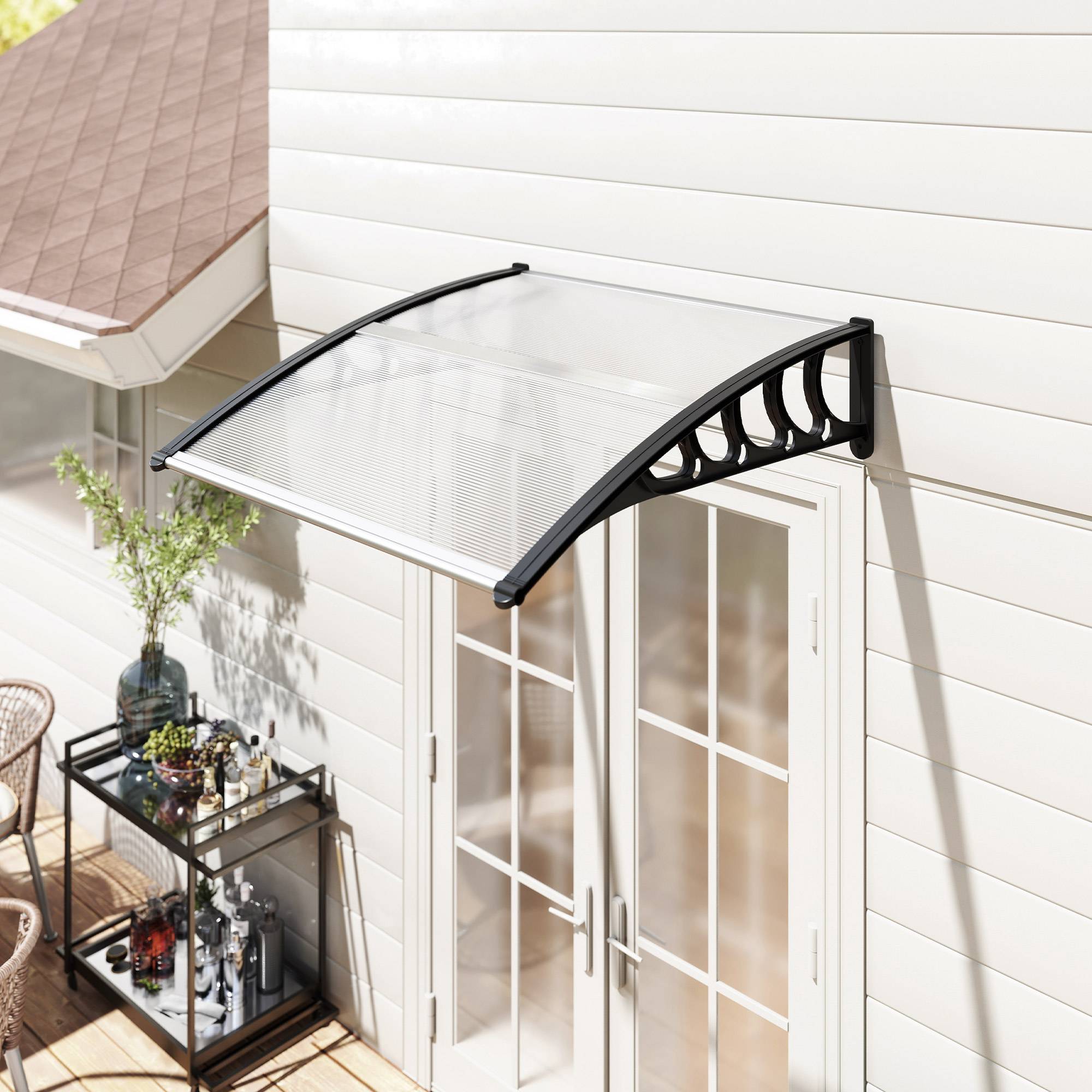 Auvent pour porte/fenêtre, résistant, transparent, barres alu/polycarbonate, 103x96,5x27 cm, noir - Image 10