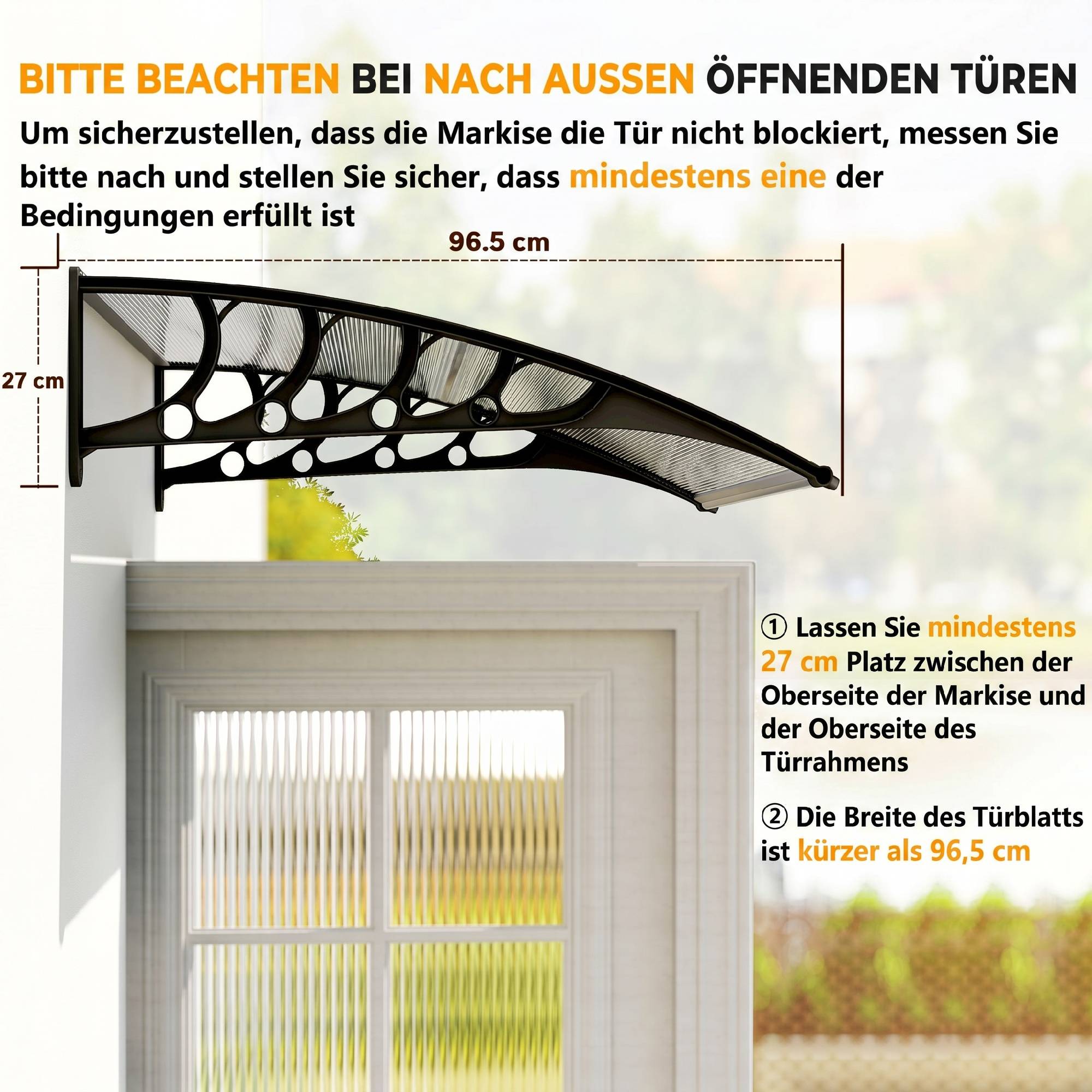 Auvent pour porte/fenêtre, résistant, transparent, barres alu/polycarbonate, 103x96,5x27 cm, noir - Image 9