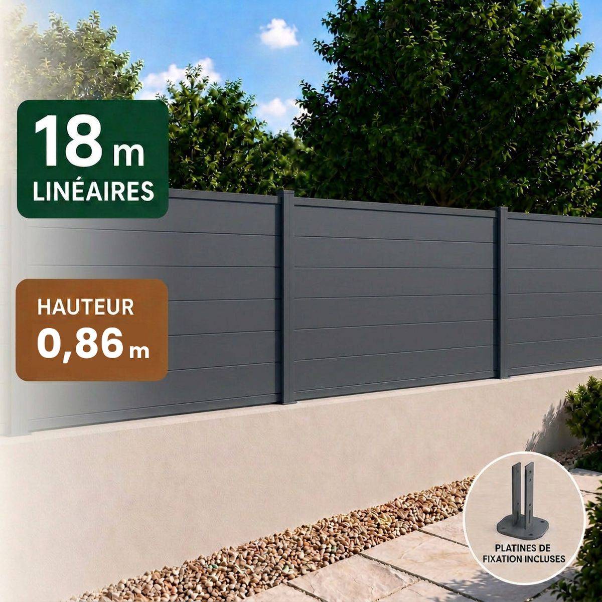 Direct Abris - Kit clôture RECIFE Aluminium anthracite 18,07m poteau 60x70mm gris sur platines 0,86m - Image 1