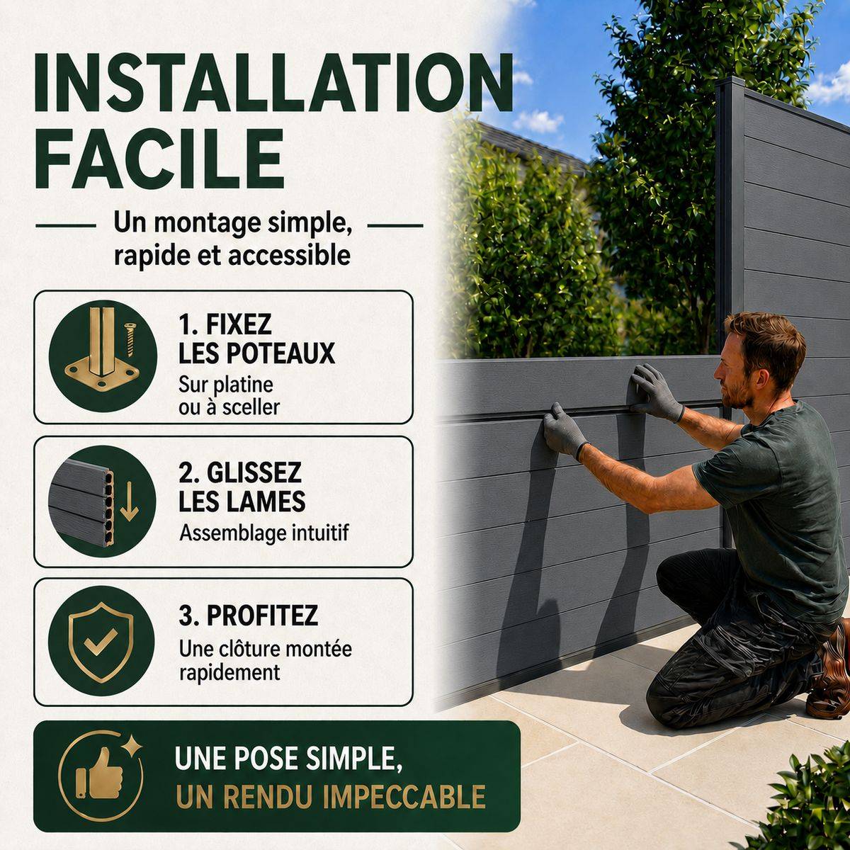 Direct Abris - Kit clôture RECIFE Aluminium anthracite 18,07m poteau 60x70mm gris sur platines 0,86m - Image 3