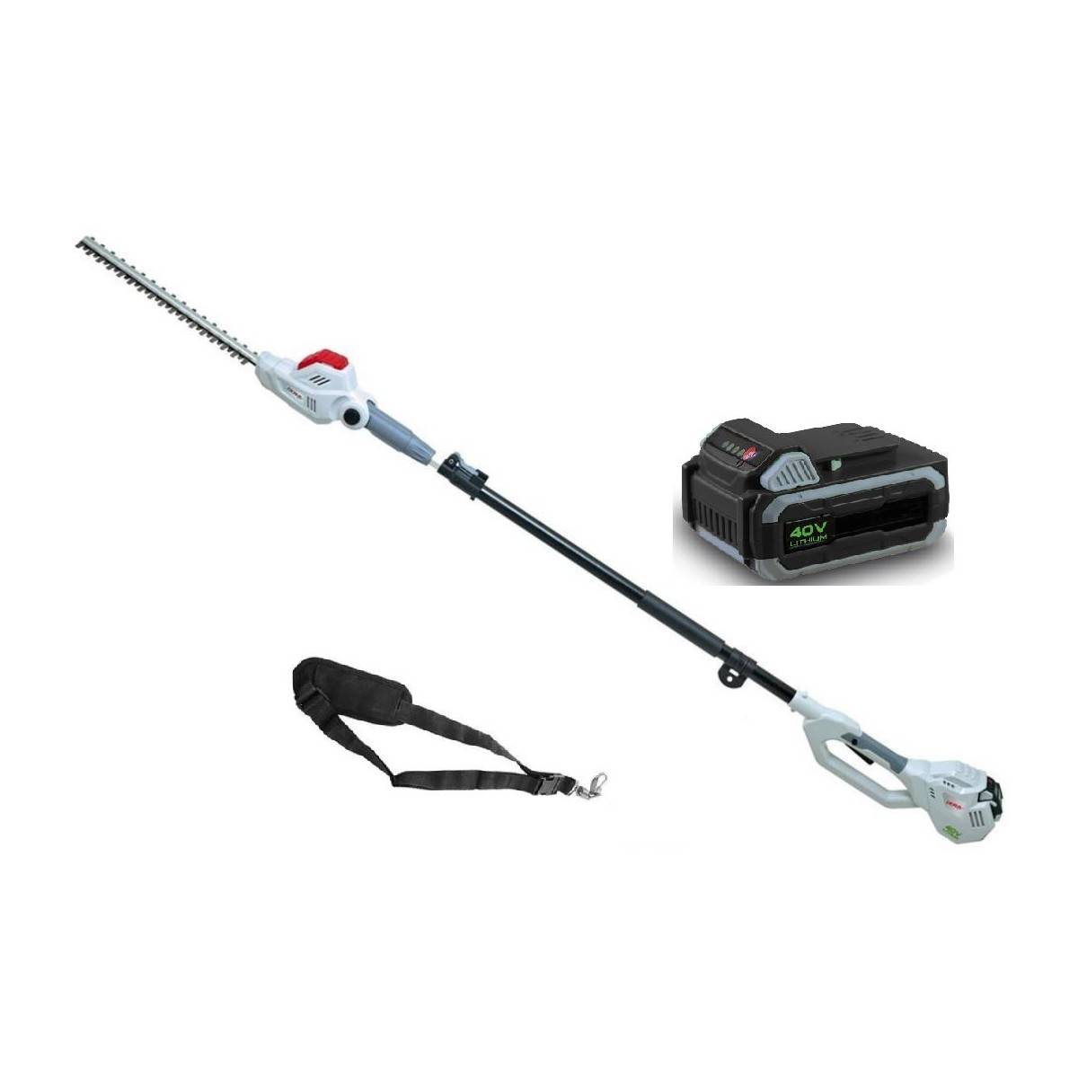 Taille Haie sur perche télescopique 40V - Lame de 43cm -Batterie Lithium 2,5Ah + Chargeur Led 40V - Sangle d'épaule IKRA