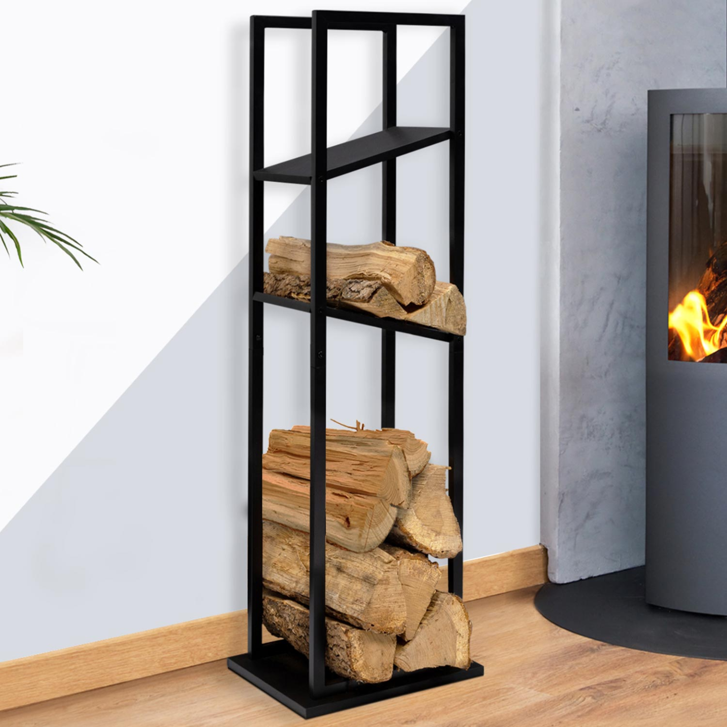 Range bûches vertical acier noir avec 2 étagères H.112 CM pour cheminée - Image 1