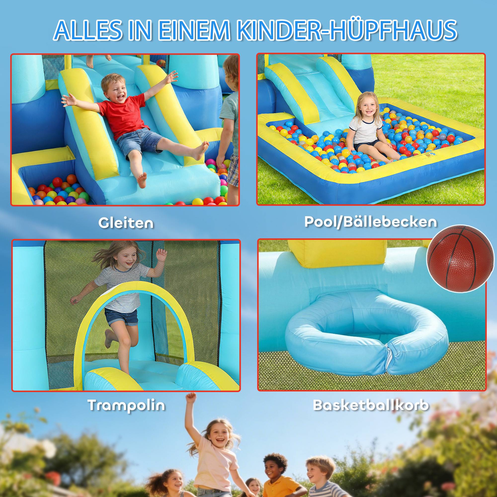 Château gonflable avec souffleur, toboggan, trampoline, pataugeoire/piscine à balles, pistolet à eau, 364 x 173 x 182 cm, bleu - Image 6