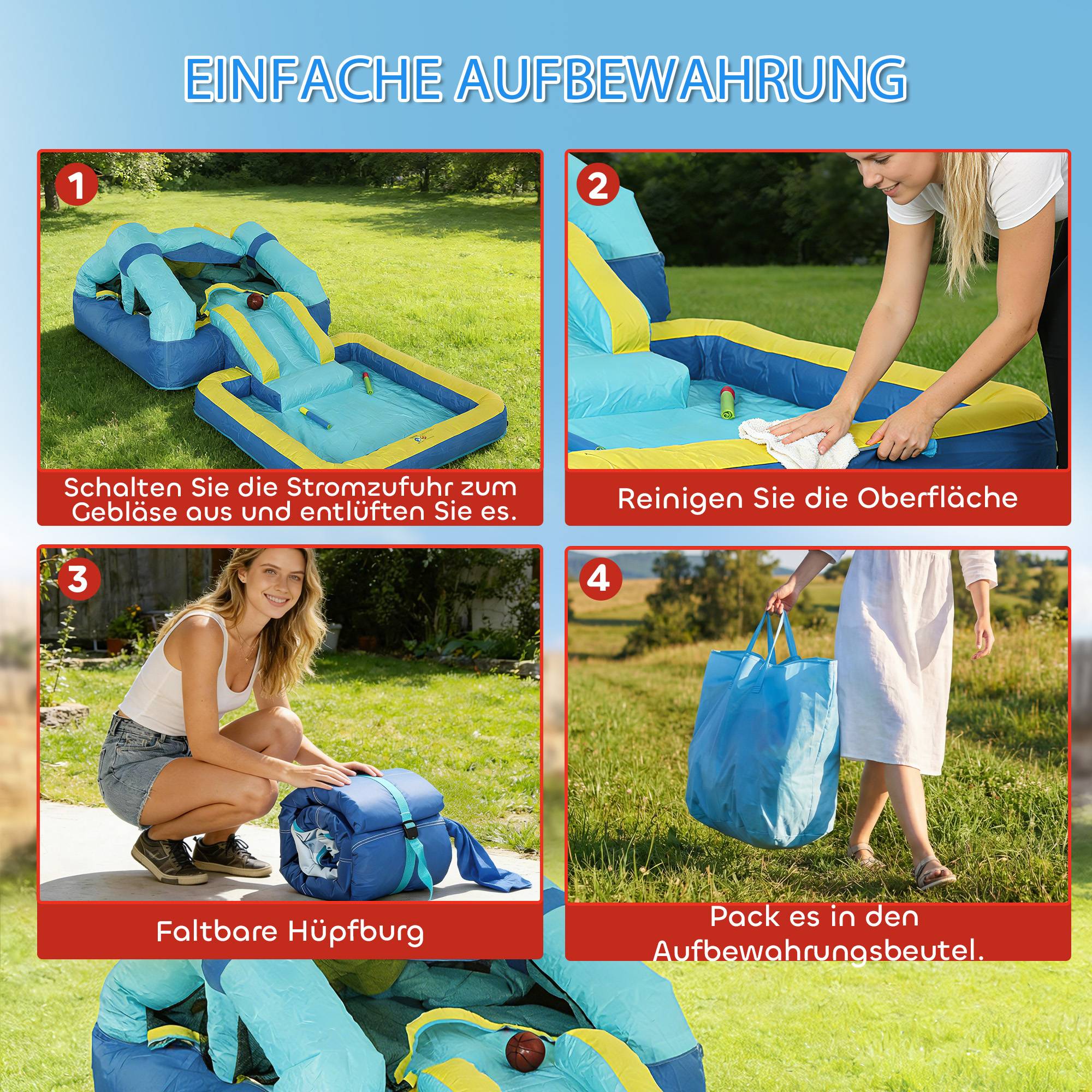 Château gonflable avec souffleur, toboggan, trampoline, pataugeoire/piscine à balles, pistolet à eau, 364 x 173 x 182 cm, bleu - Image 9