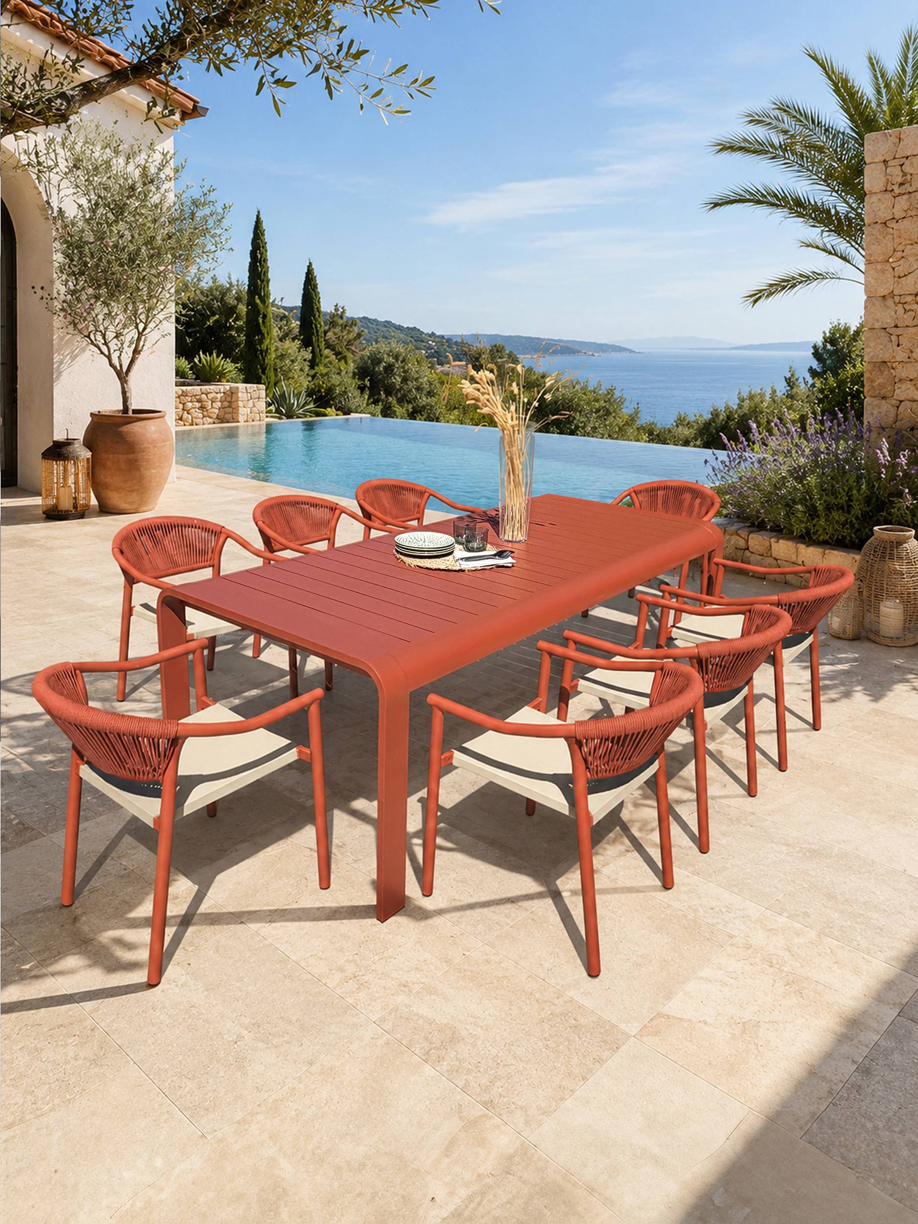 Dcb Garden - Ensemble repas de jardin en aluminium 8 places - Terracotta - HANOI