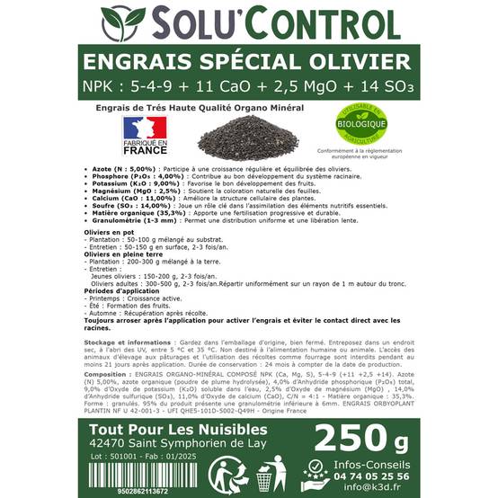SOLU’CONTROL - ENGRAIS Spécial OLIVIER 250 g - Formulation haute qualité Organo-Minerale - NPK 5-4-9 - Utilisable en Agriculture Biologique - Image 3