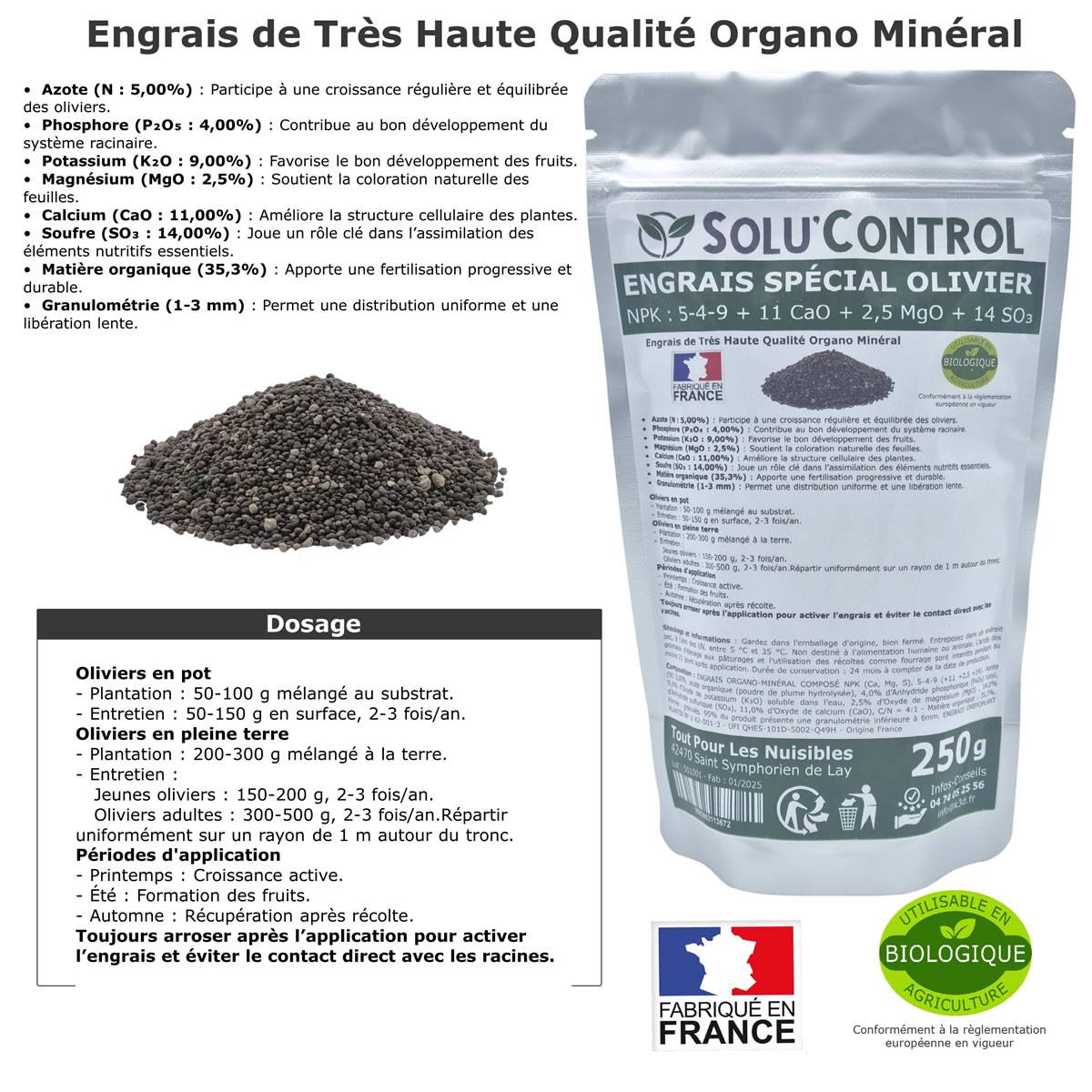SOLU’CONTROL - ENGRAIS Spécial OLIVIER 250 g - Formulation haute qualité Organo-Minerale - NPK 5-4-9 - Utilisable en Agriculture Biologique - Image 2