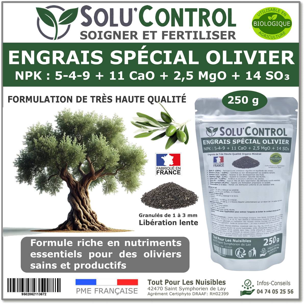 SOLU’CONTROL - ENGRAIS Spécial OLIVIER 250 g - Formulation haute qualité Organo-Minerale - NPK 5-4-9 - Utilisable en Agriculture Biologique - Image 1
