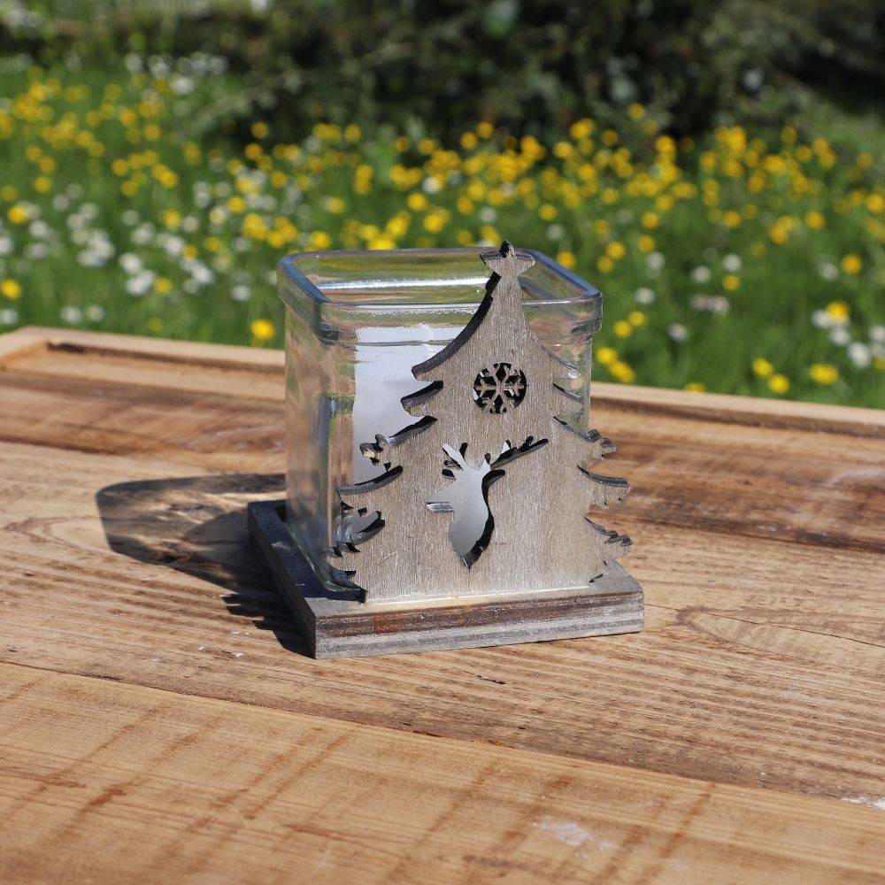 Photophore noël bougeoir sapin étoile bois verre marron 10cm Chemin de campagne - Imagen 2
