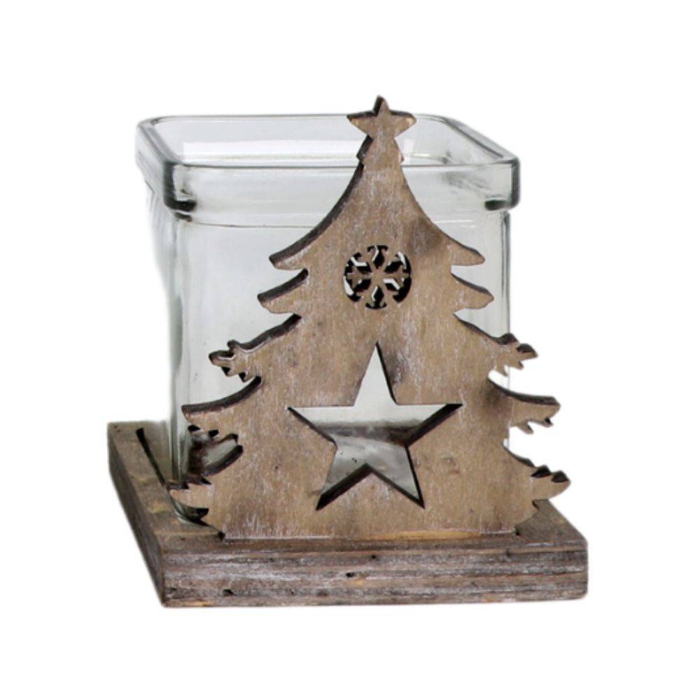 Photophore noël bougeoir sapin étoile bois verre marron 10cm Chemin de campagne - Imagen 1