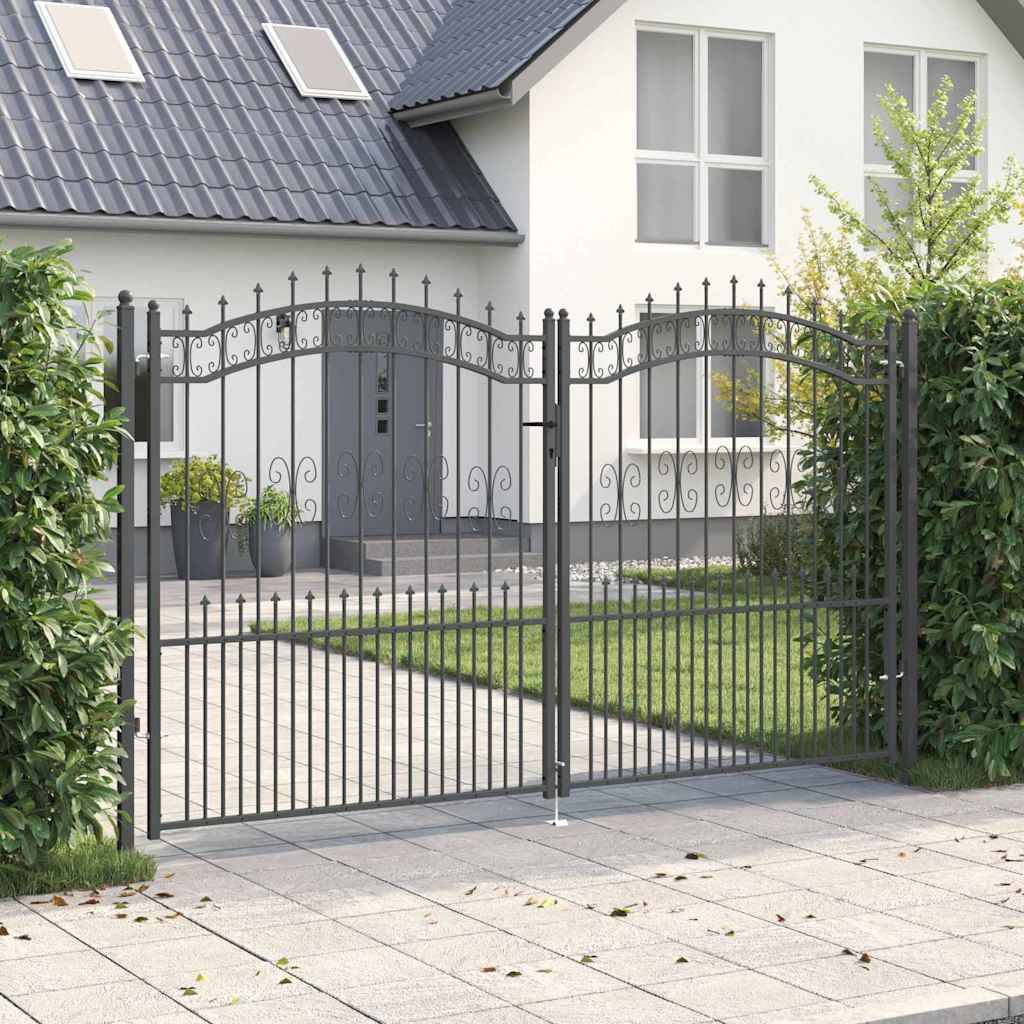 Portail Jardin Double Battant Acier Style Fer Forgé Pointe de Lance 305x223 cm Gris - ComfortXL Outdoor Living - Image 1