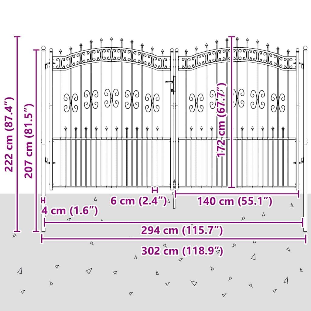 Portail Jardin Double Battant Acier Style Fer Forgé Pointe de Lance 305x223 cm Gris - ComfortXL Outdoor Living - Image 8