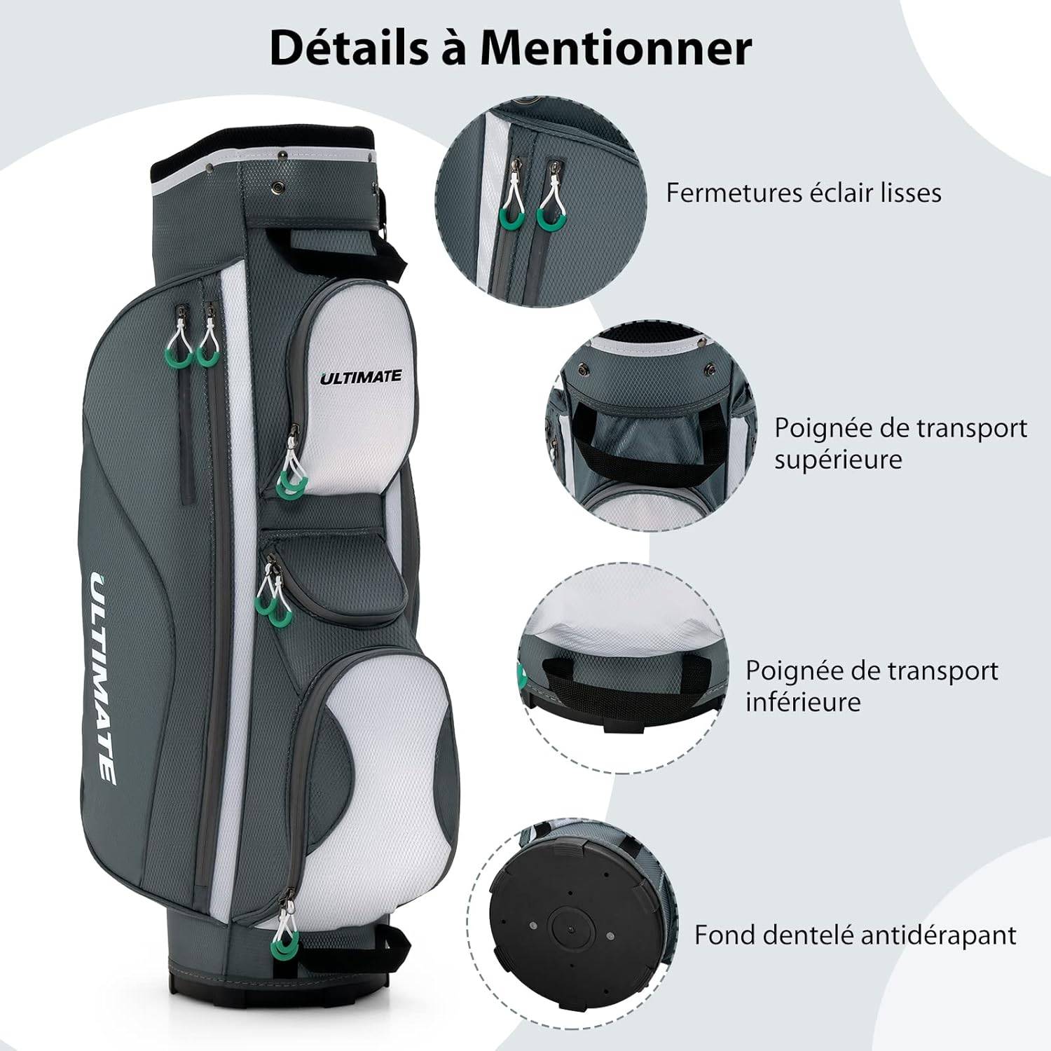 Sac de Golf Chariot Portable pour 14 Clubs avec 7 Poches Zippées et Capuche Anti-Pluie - Image 3