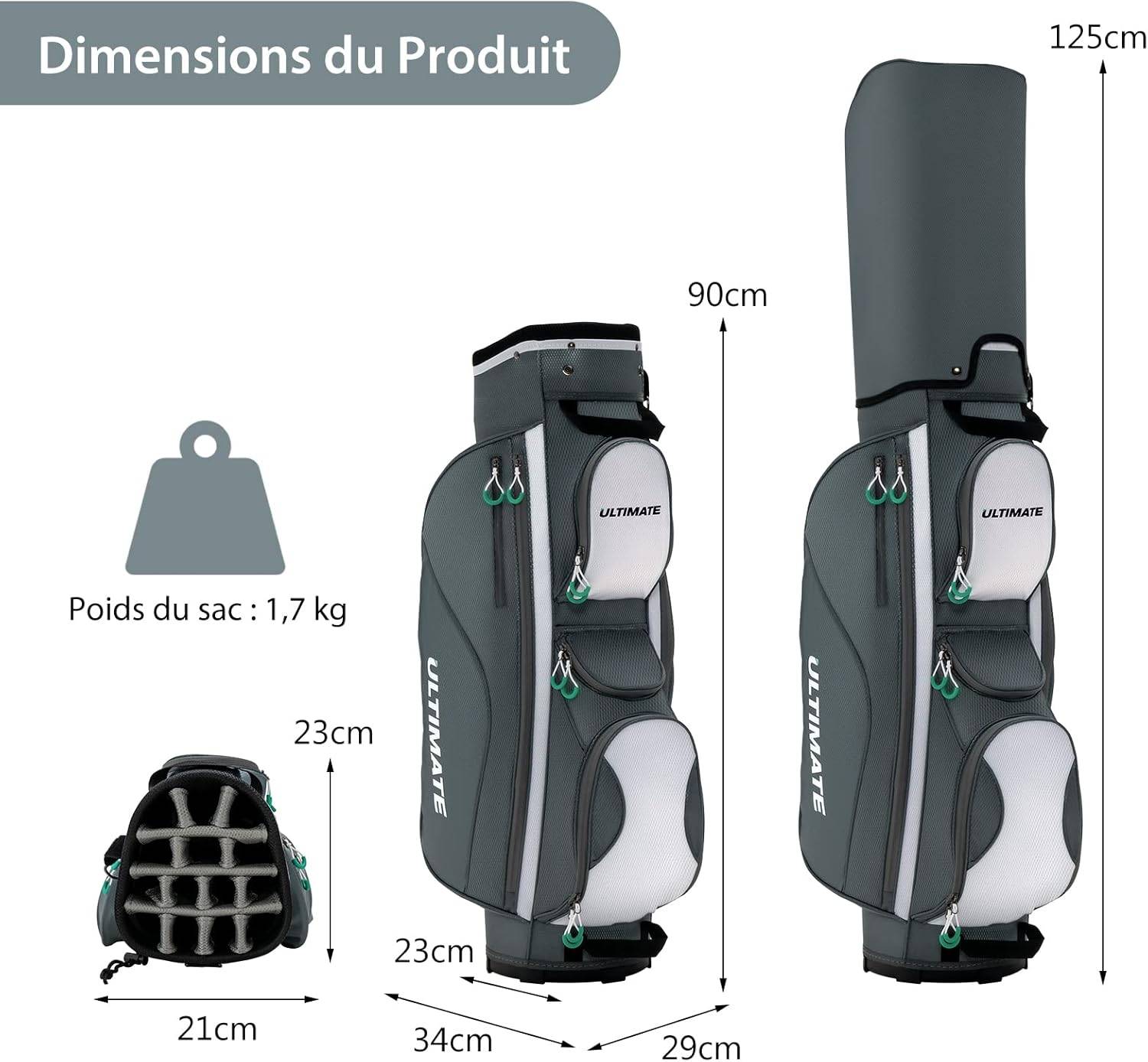 Sac de Golf Chariot Portable pour 14 Clubs avec 7 Poches Zippées et Capuche Anti-Pluie - Image 5