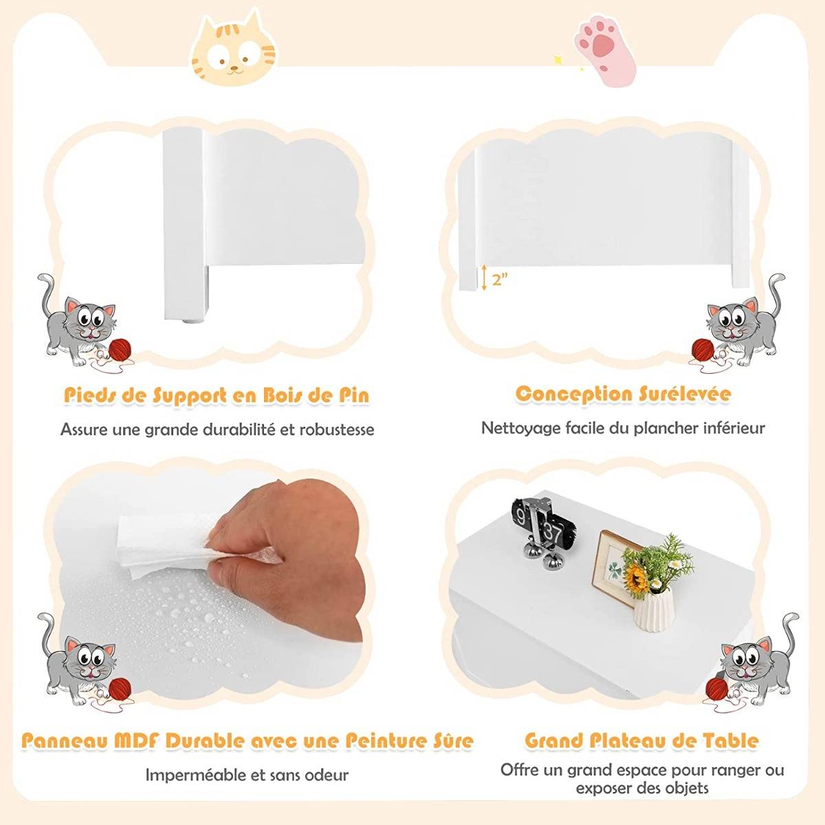 Boîte à litière pour Chat avec Ouverture Séparateur Amovible Tige de Gaz Crochets en Métal Pieds en Bois de Pin - Image 5