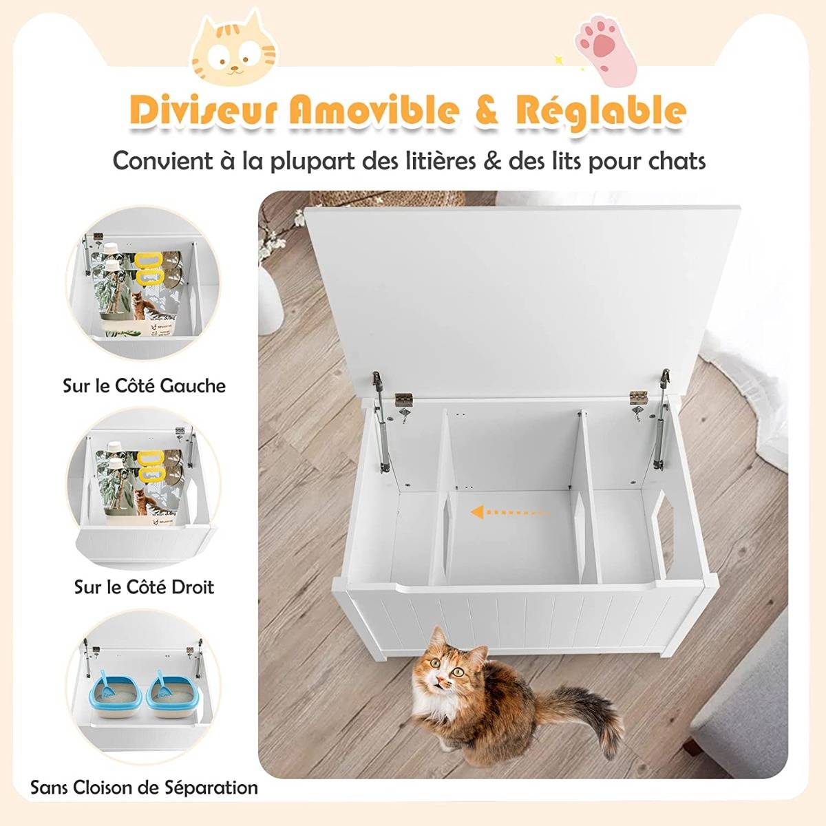 Boîte à litière pour Chat avec Ouverture Séparateur Amovible Tige de Gaz Crochets en Métal Pieds en Bois de Pin - Image 8