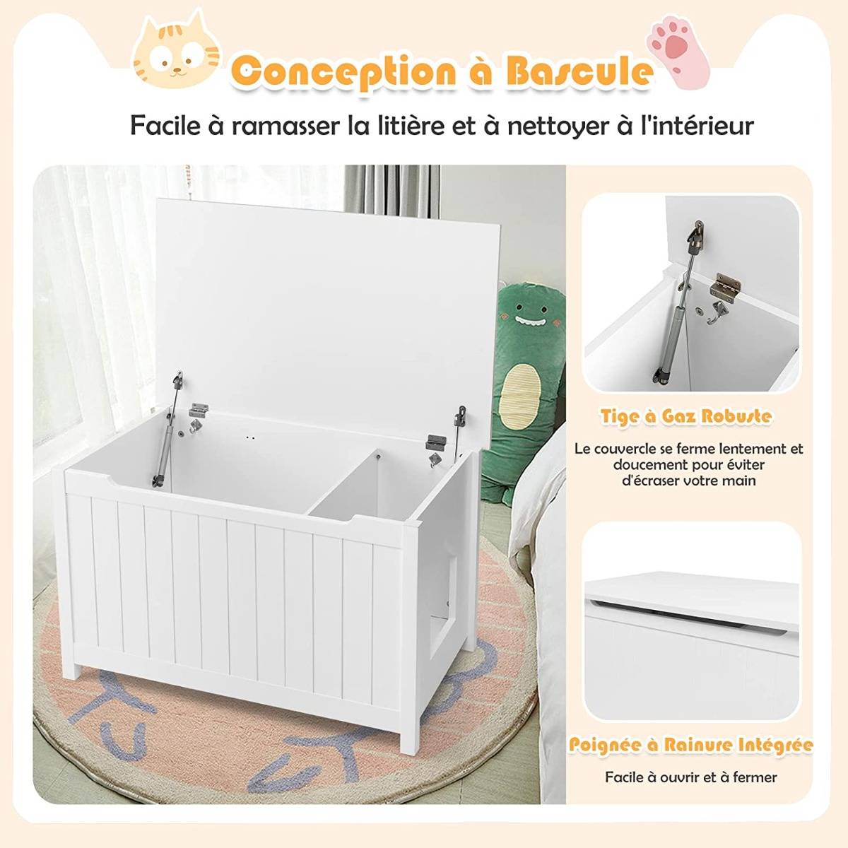 Boîte à litière pour Chat avec Ouverture Séparateur Amovible Tige de Gaz Crochets en Métal Pieds en Bois de Pin - Image 9
