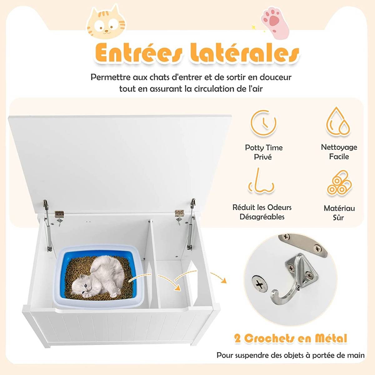 Boîte à litière pour Chat avec Ouverture Séparateur Amovible Tige de Gaz Crochets en Métal Pieds en Bois de Pin - Image 7