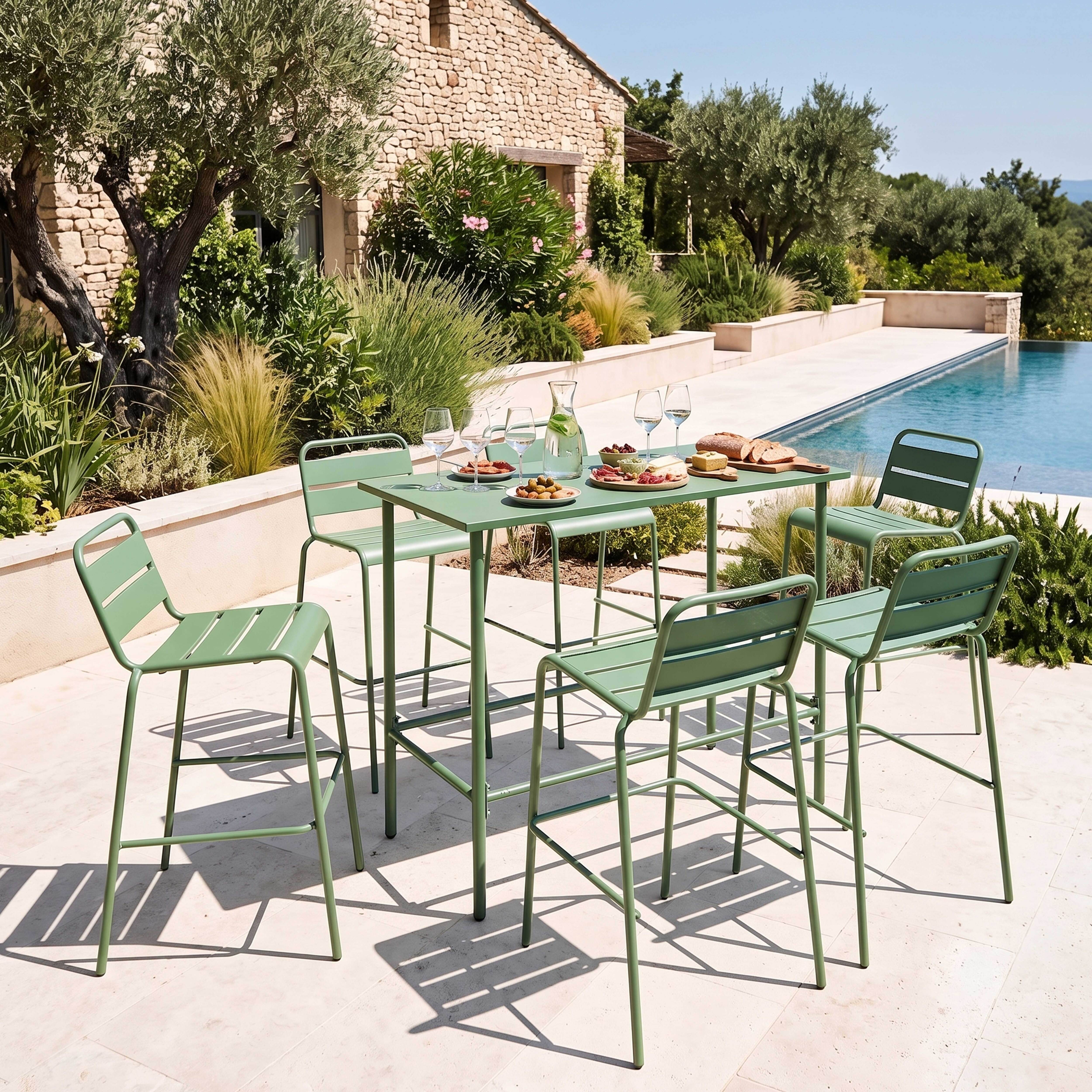 Oviala - Ensemble table haute de jardin et 6 chaises en métal vert cactus Palavas - Oviala - Imagen 2