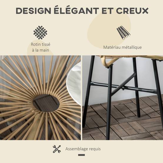 Table basse ronde jardin métal résine tressée terrasse plateau verre Ø50x50cm noir - ComfortXL Outdoor Living - Image 7