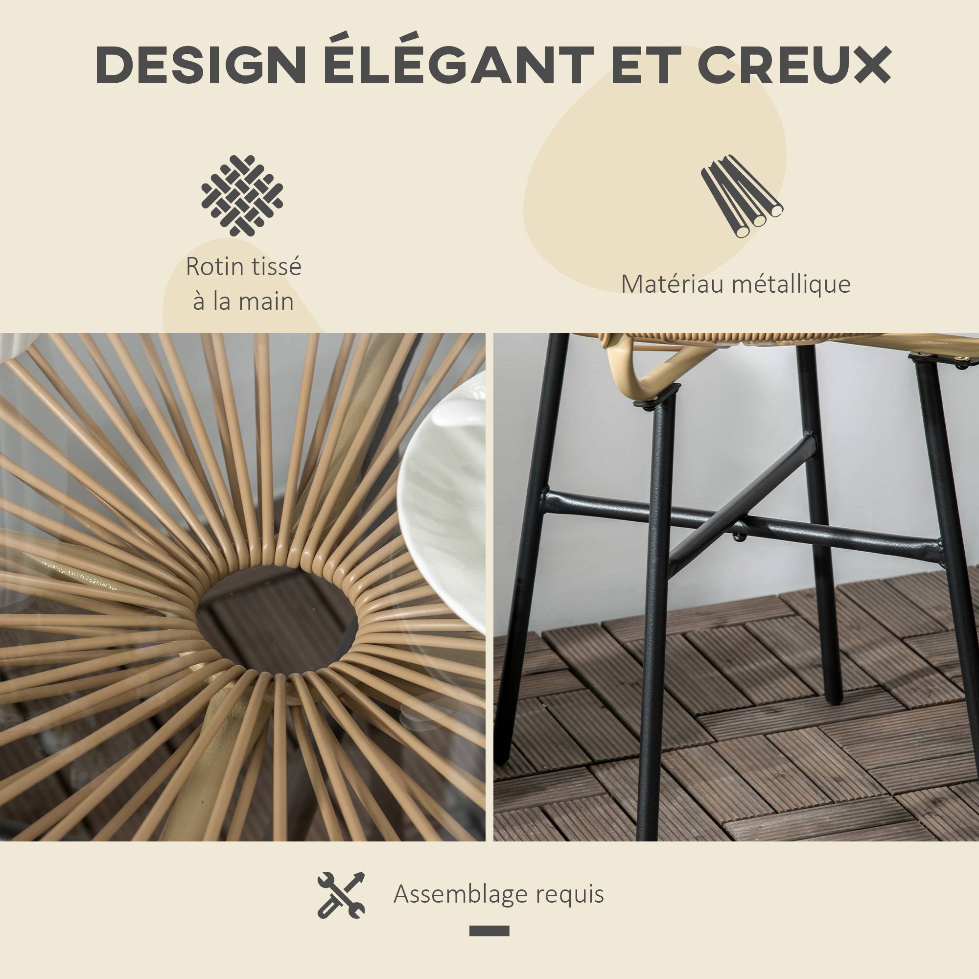 Table basse ronde jardin métal résine tressée terrasse plateau verre Ø50x50cm noir - ComfortXL Outdoor Living - Image 7