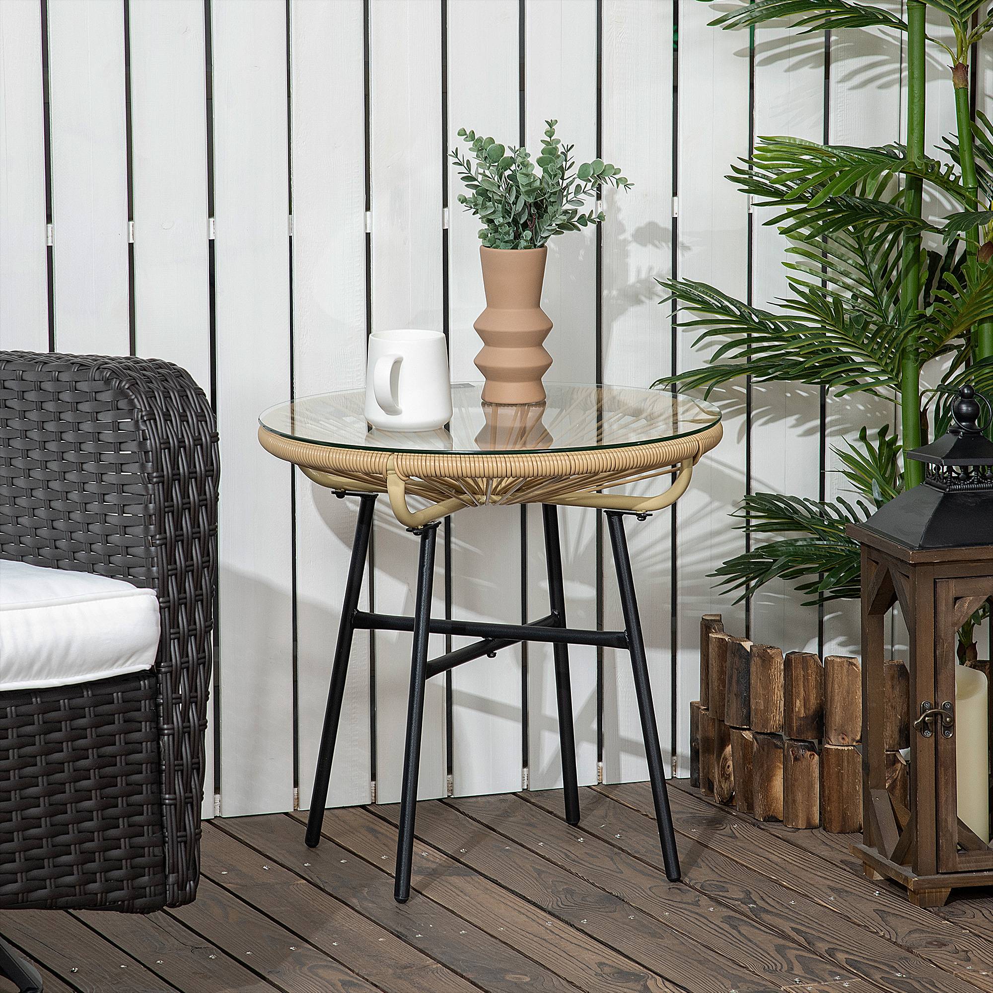 Table basse ronde jardin métal résine tressée terrasse plateau verre Ø50x50cm noir - ComfortXL Outdoor Living - Image 3