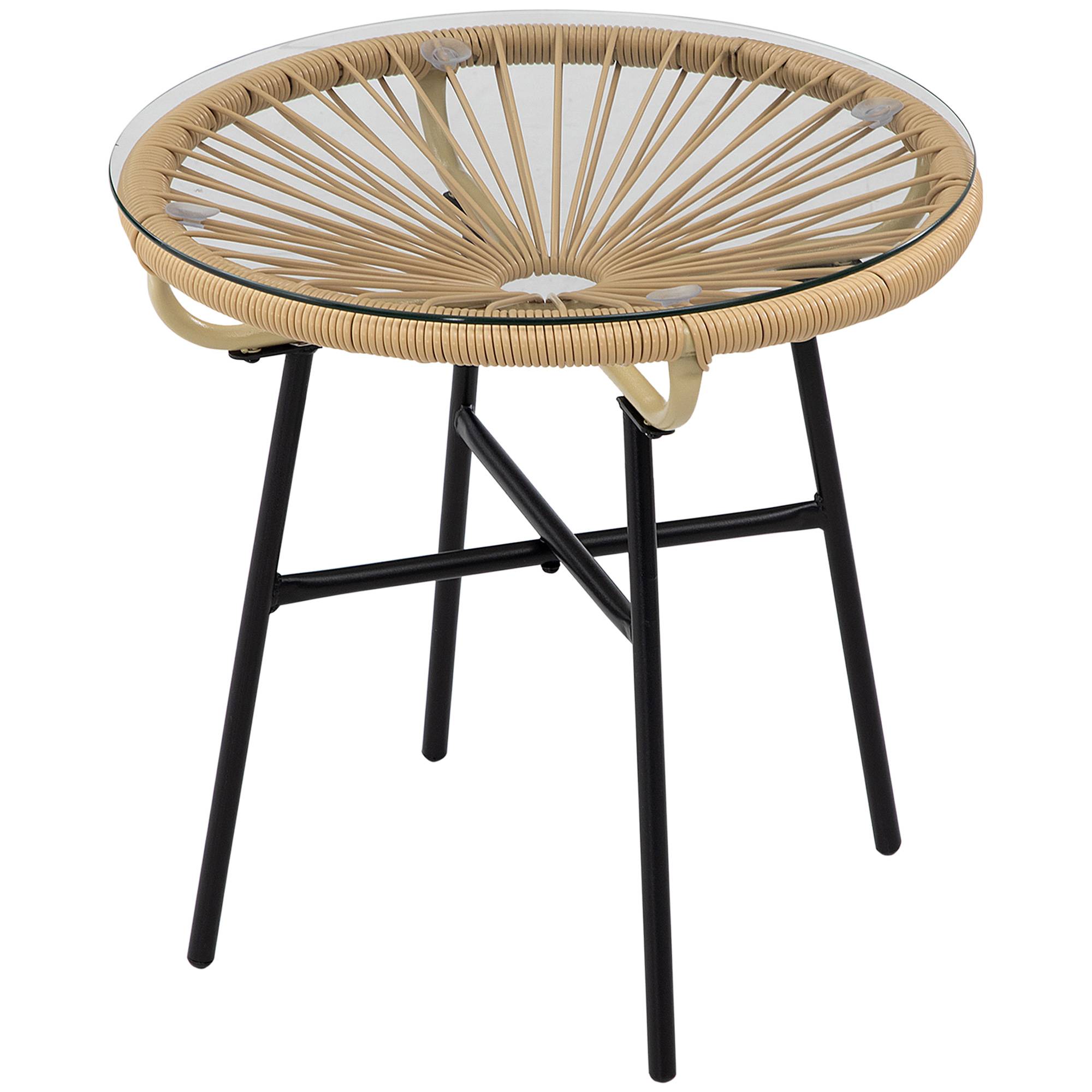 Table basse ronde jardin métal résine tressée terrasse plateau verre Ø50x50cm noir - ComfortXL Outdoor Living - Image 2
