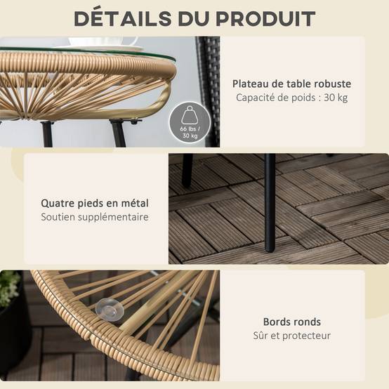 Table basse ronde jardin métal résine tressée terrasse plateau verre Ø50x50cm noir - ComfortXL Outdoor Living - Image 8