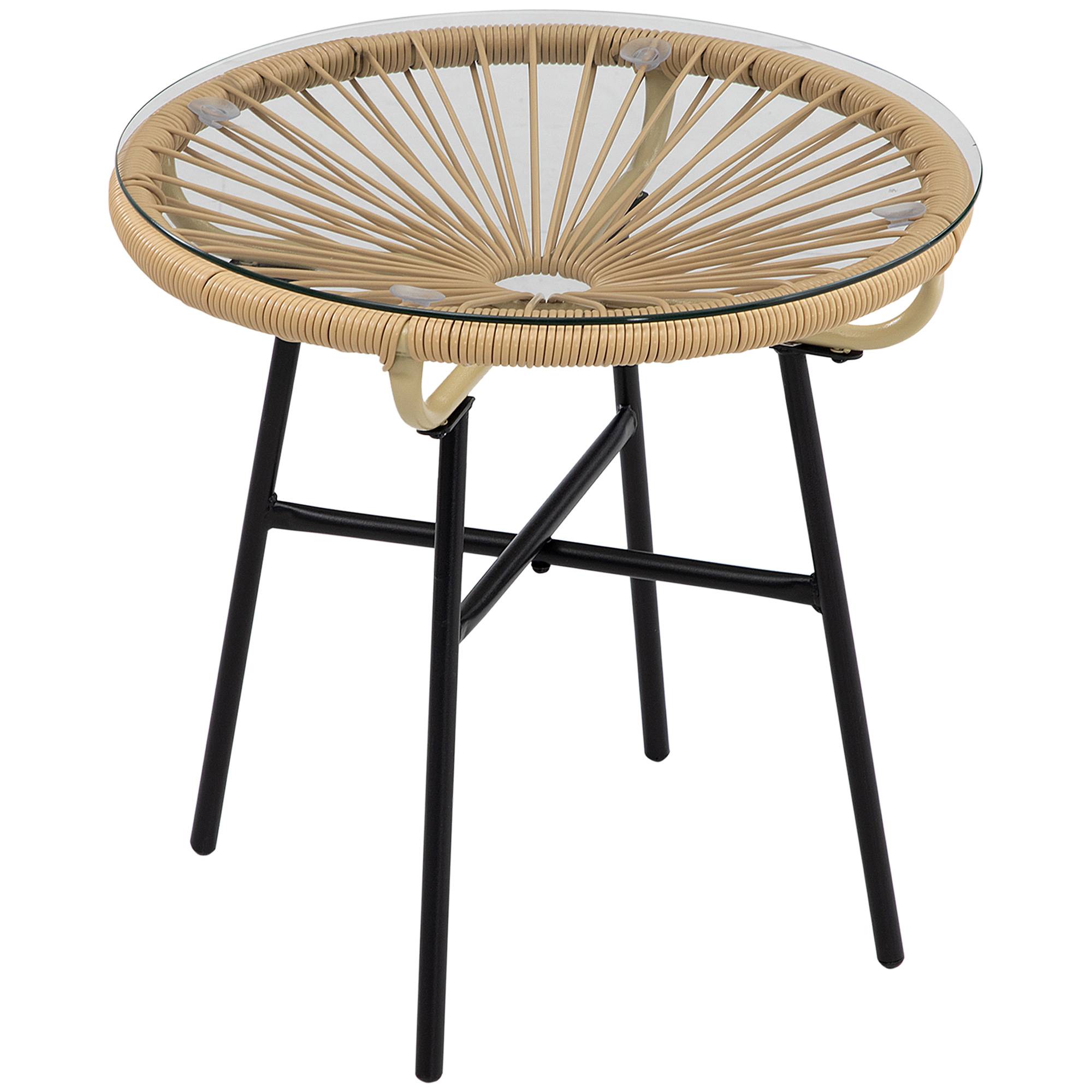 Table basse ronde jardin métal résine tressée terrasse plateau verre Ø50x50cm noir - ComfortXL Outdoor Living - Image 1