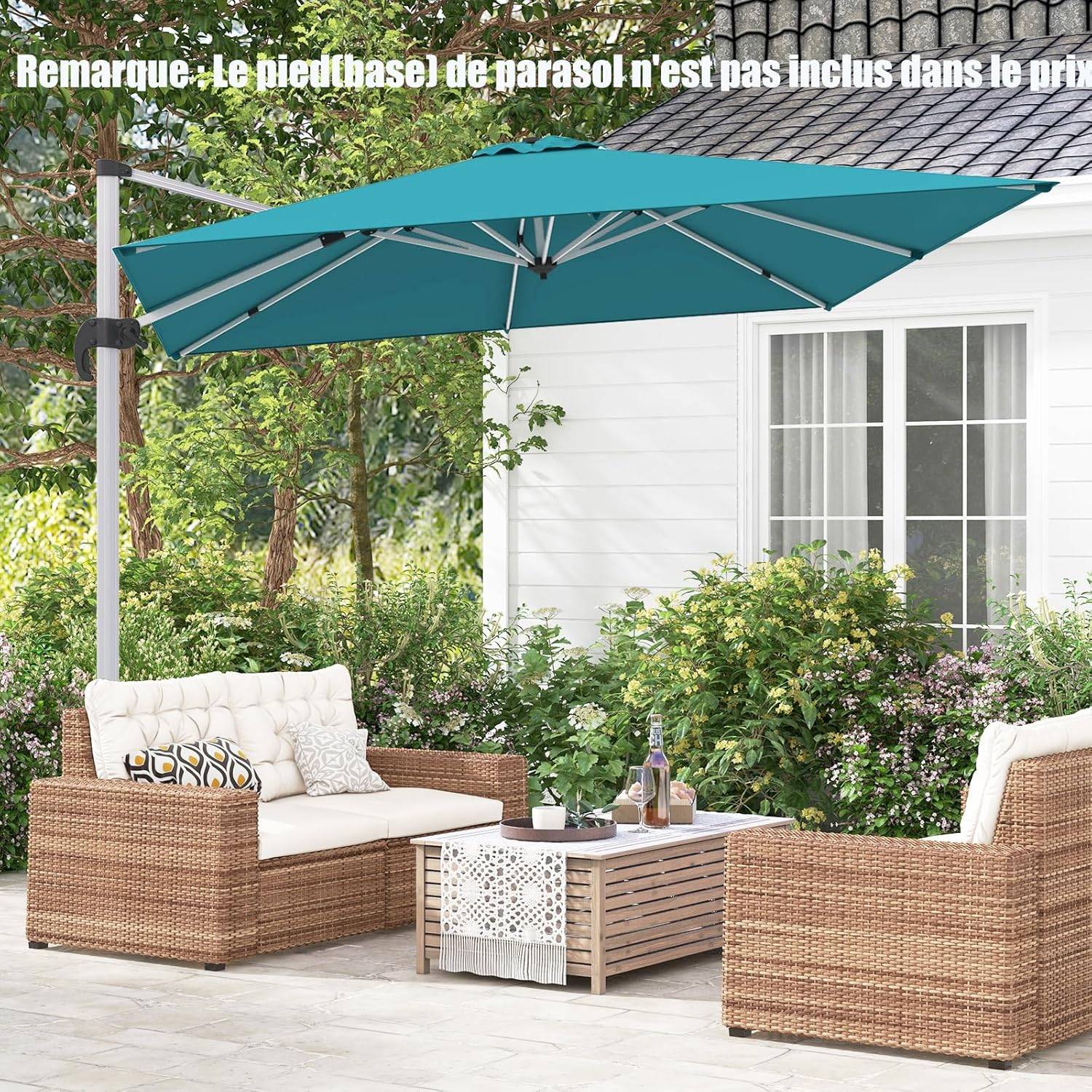 Costway - Parasol Déporté 3x3M, Parasol de Jardin Carré avec Base en Croix, Parasol Inclinable avec 5 Angles et Hauteurs Réglables Bleu - Image 4