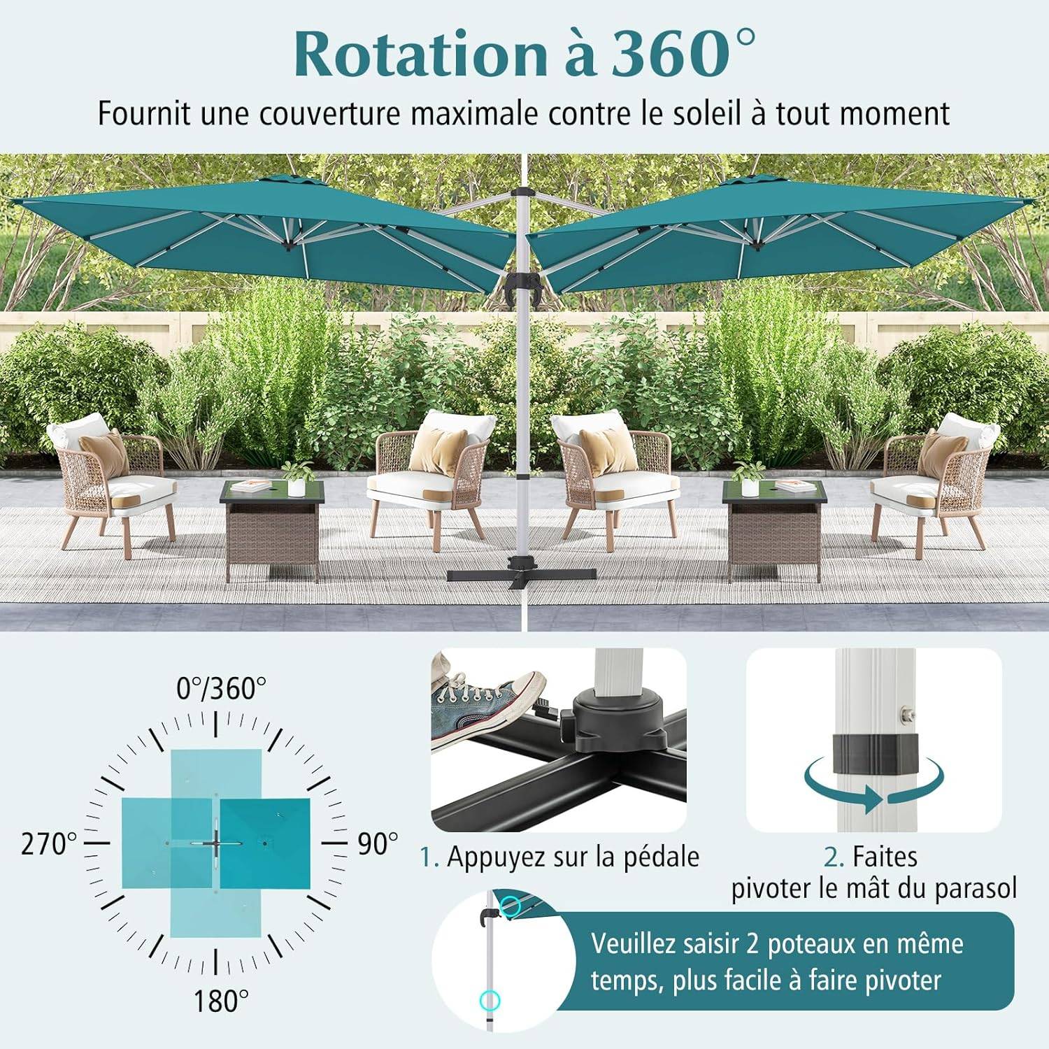 Costway - Parasol Déporté 3x3M, Parasol de Jardin Carré avec Base en Croix, Parasol Inclinable avec 5 Angles et Hauteurs Réglables Bleu - Image 7