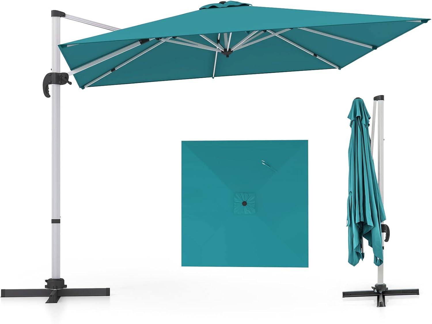 Costway - Parasol Déporté 3x3M, Parasol de Jardin Carré avec Base en Croix, Parasol Inclinable avec 5 Angles et Hauteurs Réglables Bleu - Image 1