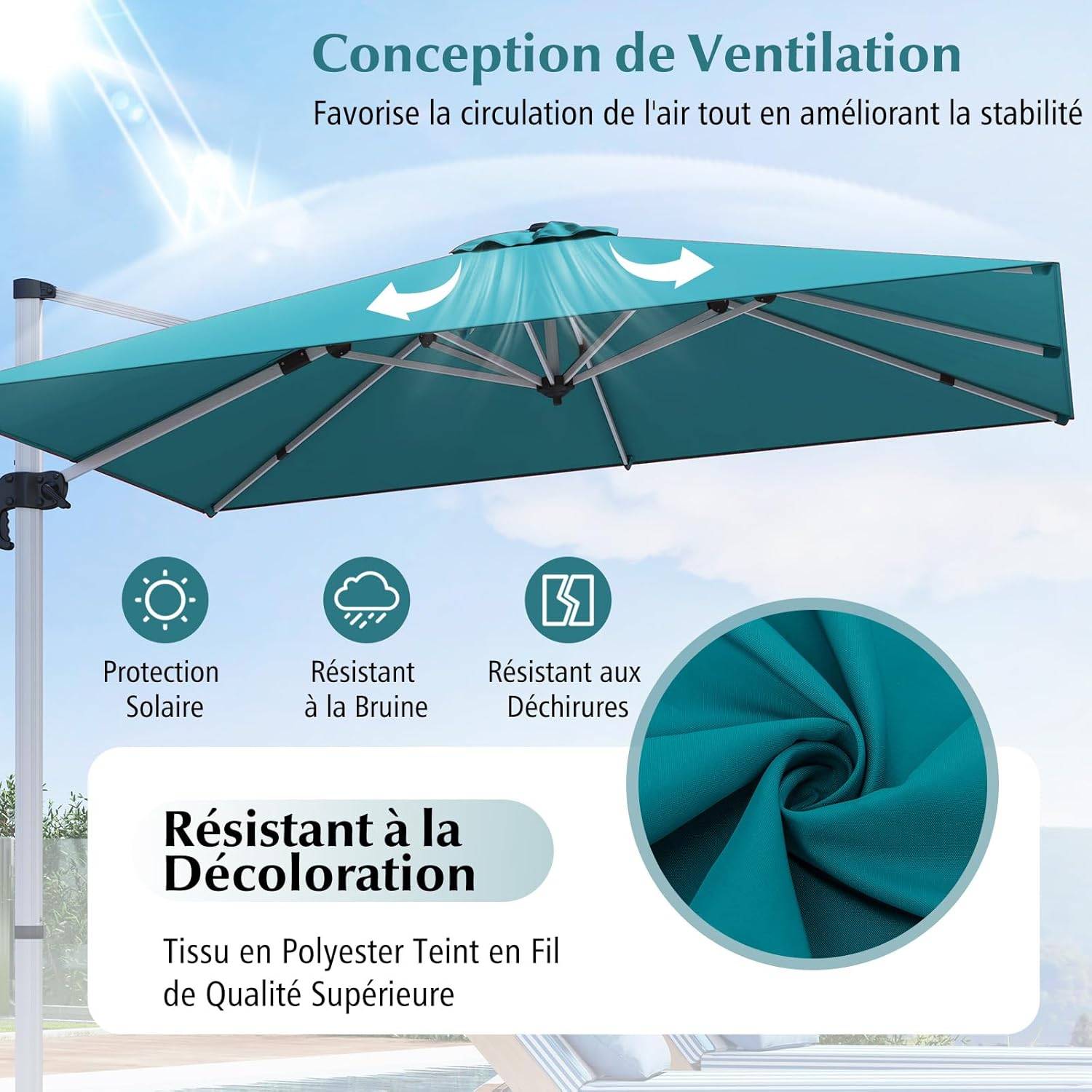 Costway - Parasol Déporté 3x3M, Parasol de Jardin Carré avec Base en Croix, Parasol Inclinable avec 5 Angles et Hauteurs Réglables Bleu - Image 5