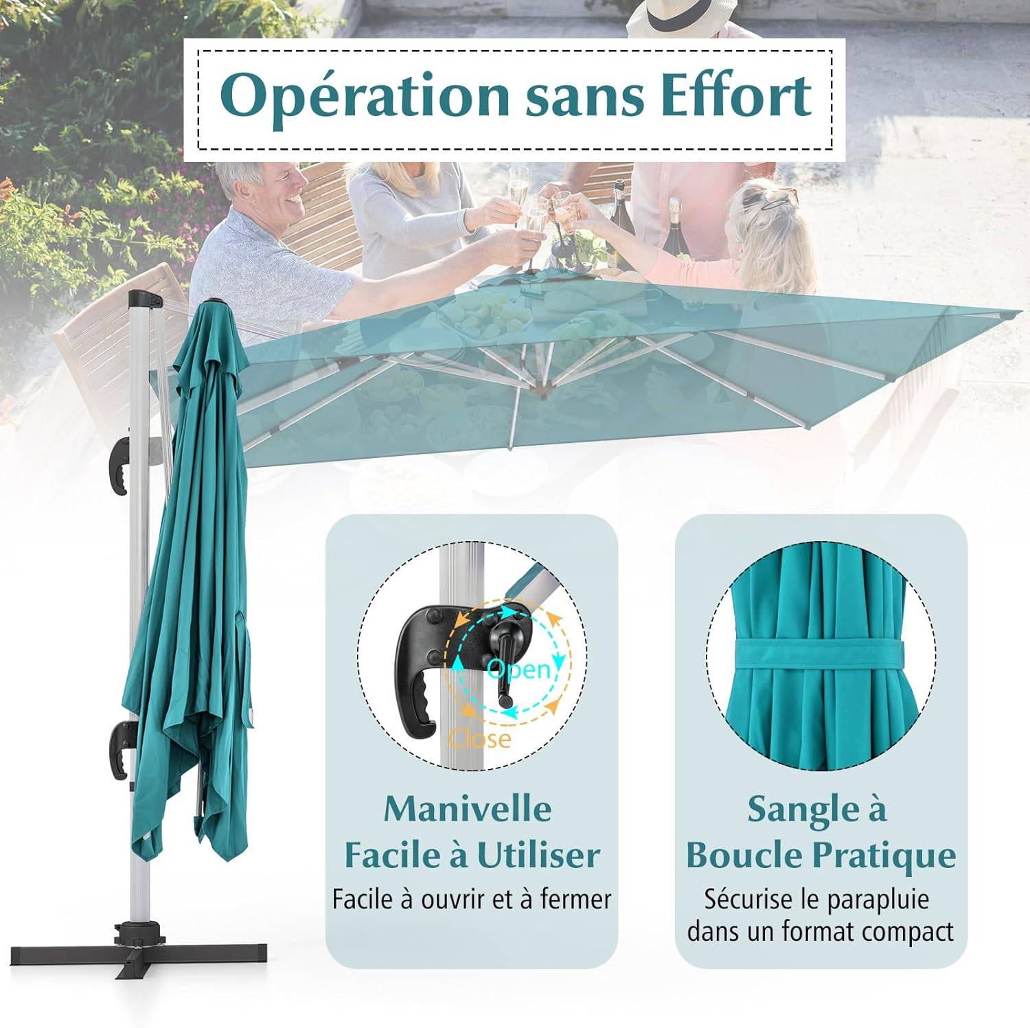 Costway - Parasol Déporté 3x3M, Parasol de Jardin Carré avec Base en Croix, Parasol Inclinable avec 5 Angles et Hauteurs Réglables Bleu - Image 8
