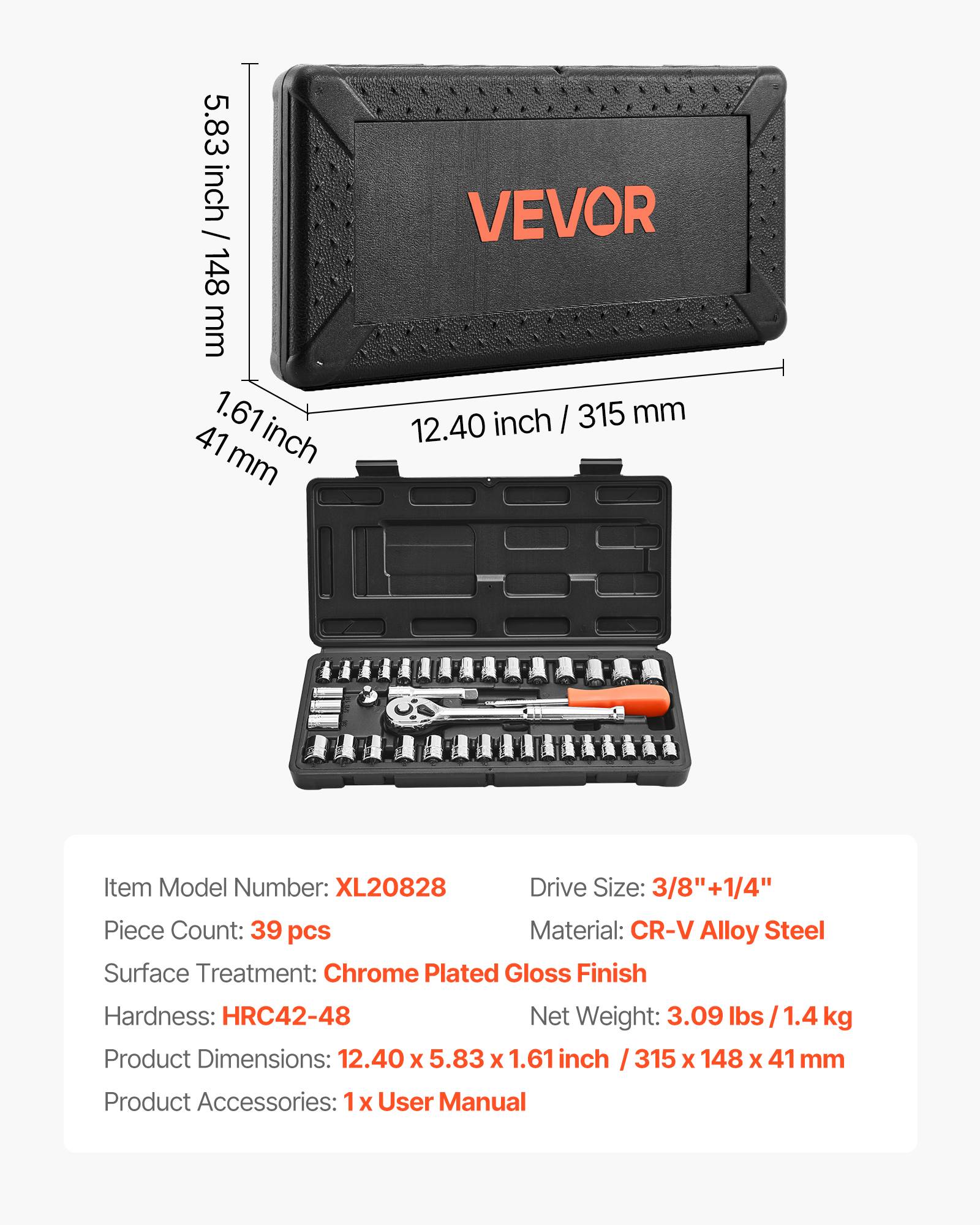 Vevor - VEVOR Jeu de douilles 39 pcs SAE et métriques, acier CR‑V chromé, clés 3/8" et 1/4", coffret de rangement robuste. - Image 6